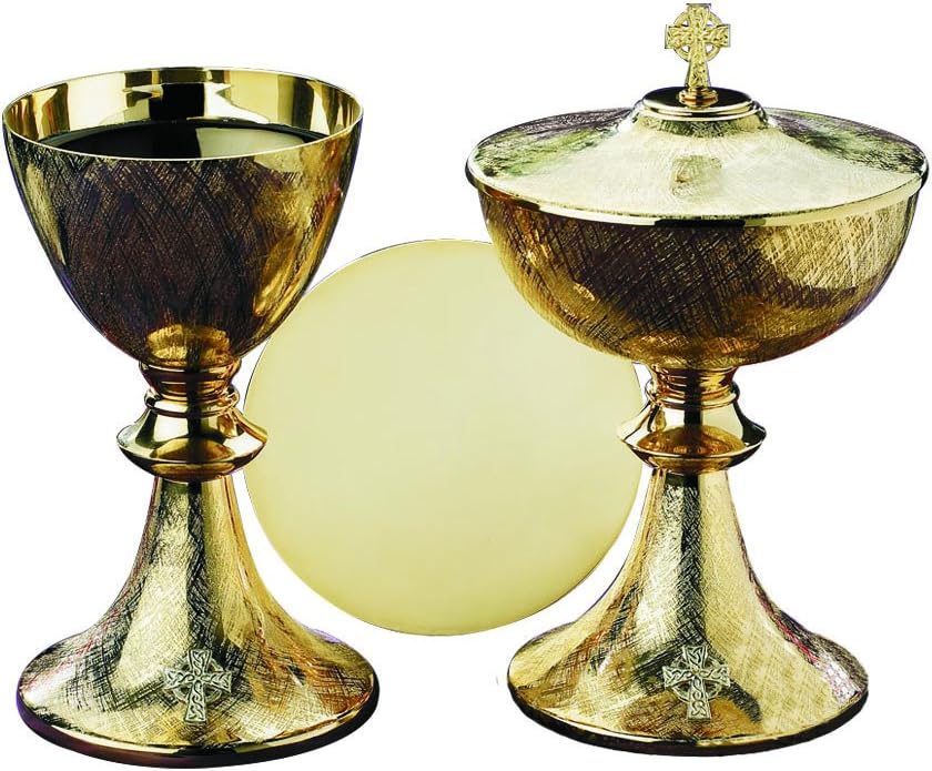 Celtic Cross Chalice and Ciboria Set with Paten, Gold Plated Over Brushed Brass