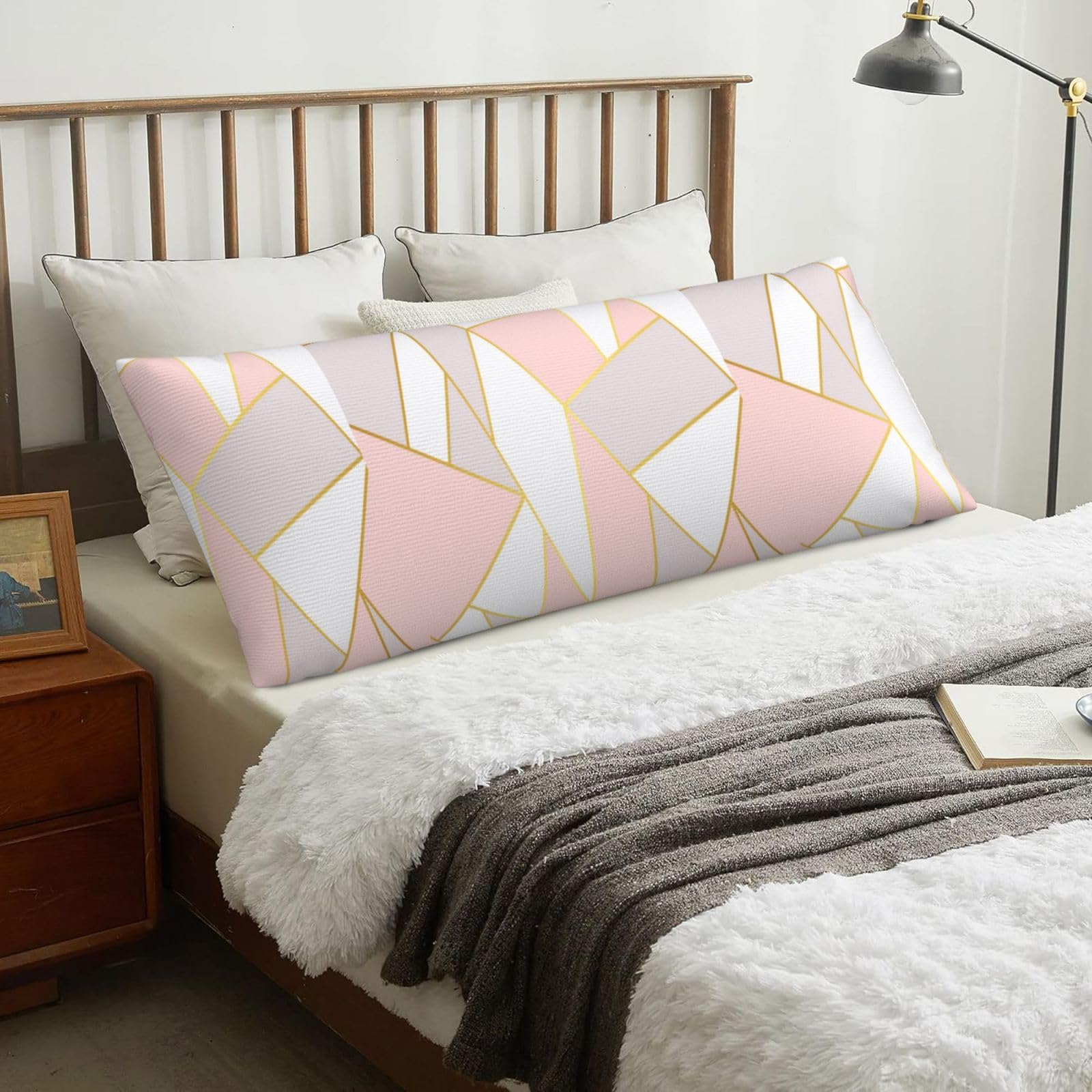 Pink Gray Geometric, Body Pillow Cover with Zipper,Long Body Pillowcase 20 x 60 in