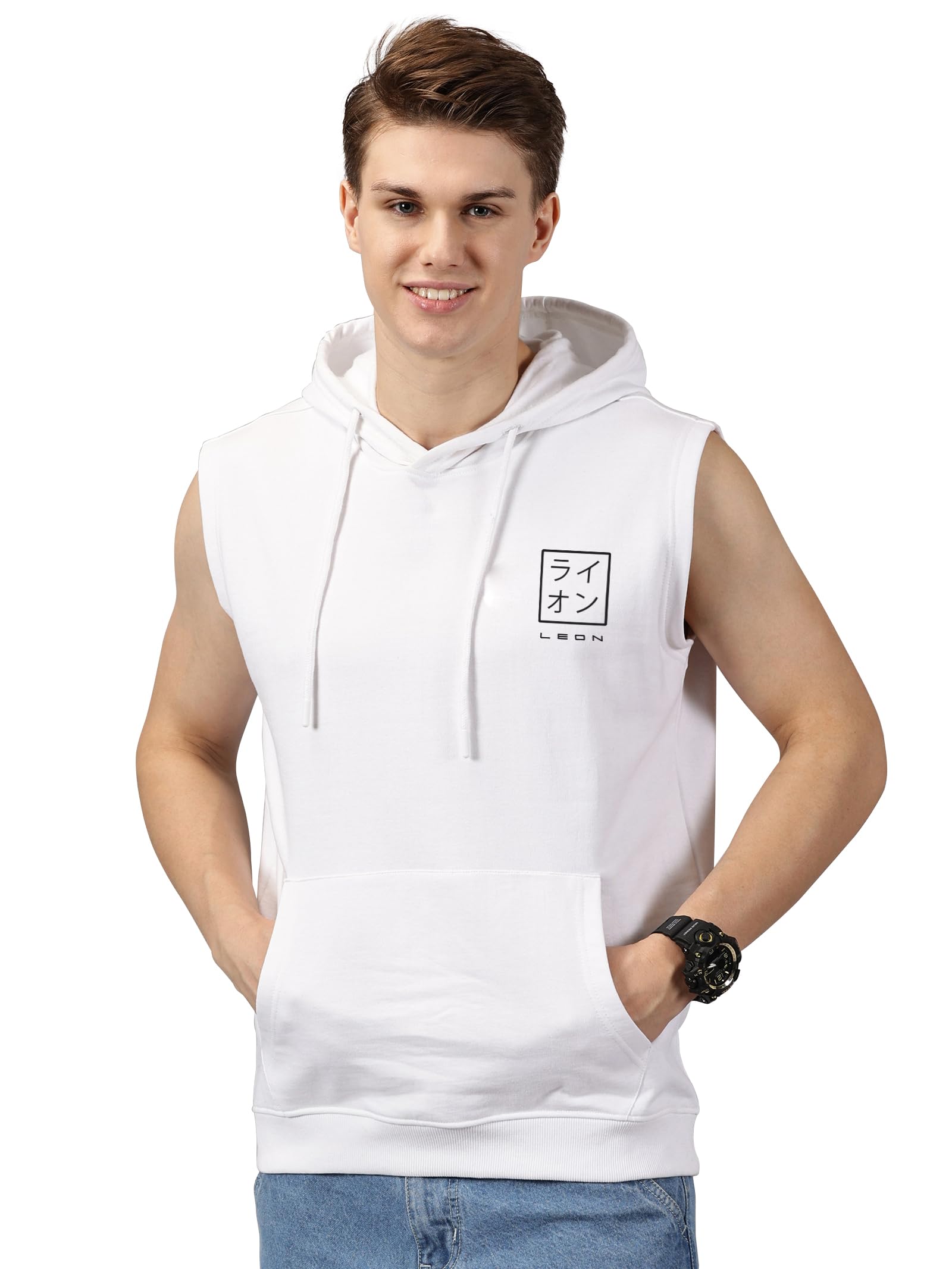 leon Men's Printed Sleeveless Hoodie | Poly Cotton Hooded Sweatshirt | Gym, Workout & Casual Wear | Regular Fit | Kangaroo Pocket-picture-17