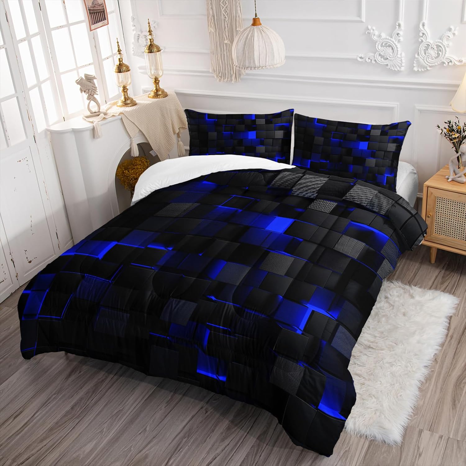 Geometric Blue Black Comforter Set,Light Honeycomb 3 Piece Bedding Set Full Size for Teen Boys,Modern Quilt Set Geometry Decor,Microfiber Lightweight 1 Comforter 2 Pillowcases All Season - Image 3