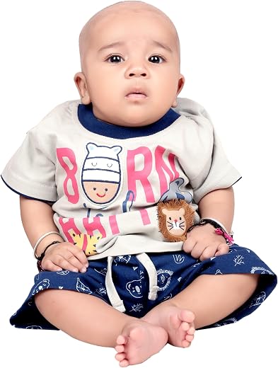 Baby Boy Graphic Print T-Shirt and Shorts Set, Cream and Navy Blue, Animal Theme