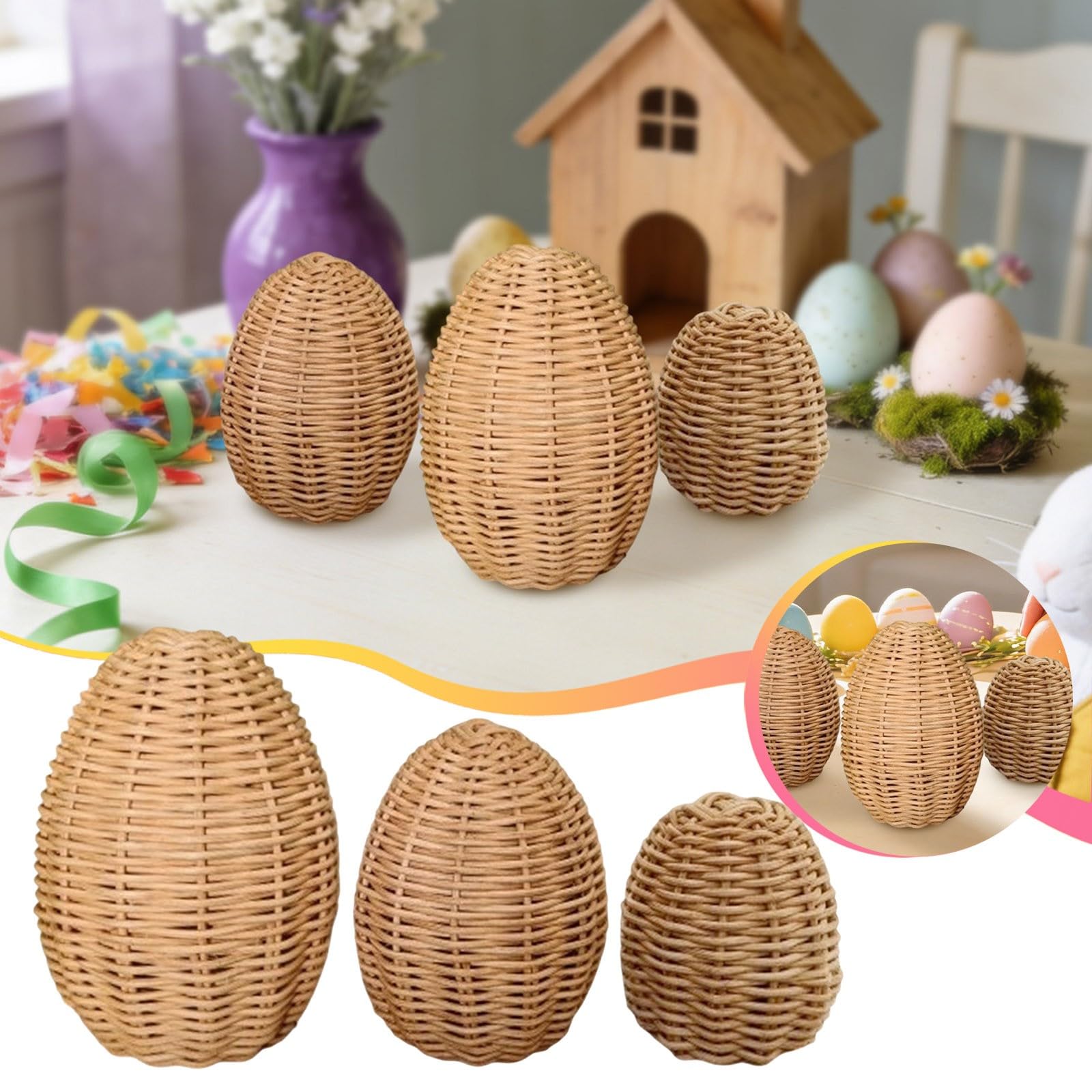 3 piezas de adorno de huevo de Pascua, huevos tejidos, escultura decorativa para mesa de vacaciones de Pascua 062021