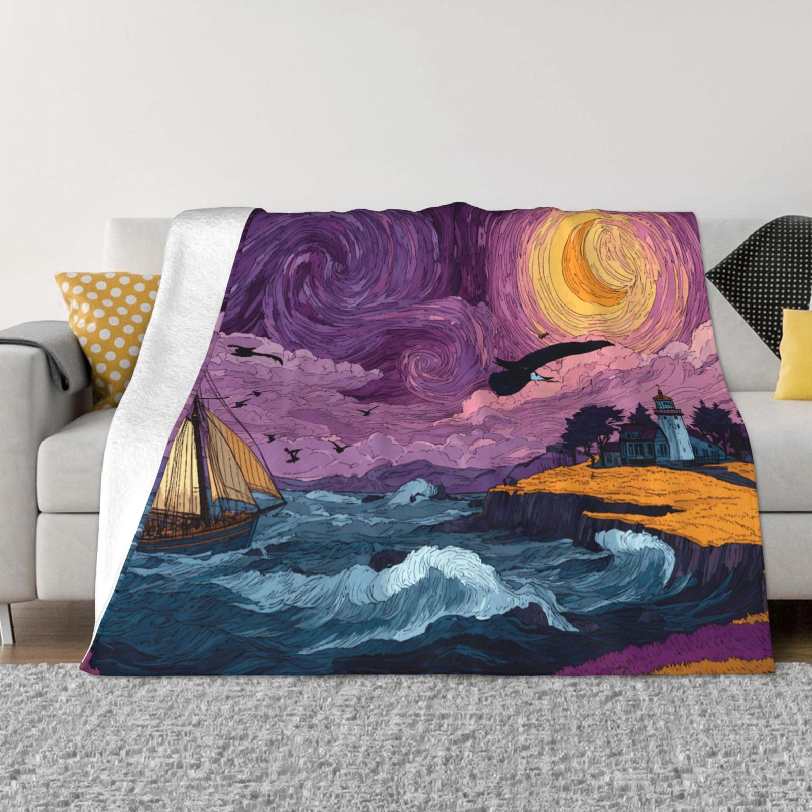 Manta de viaje portátil de 80 x 60 pulgadas, suave, resistente a las arrugas, plegable, exquisita pintura al óleo, estampado de cielo morado