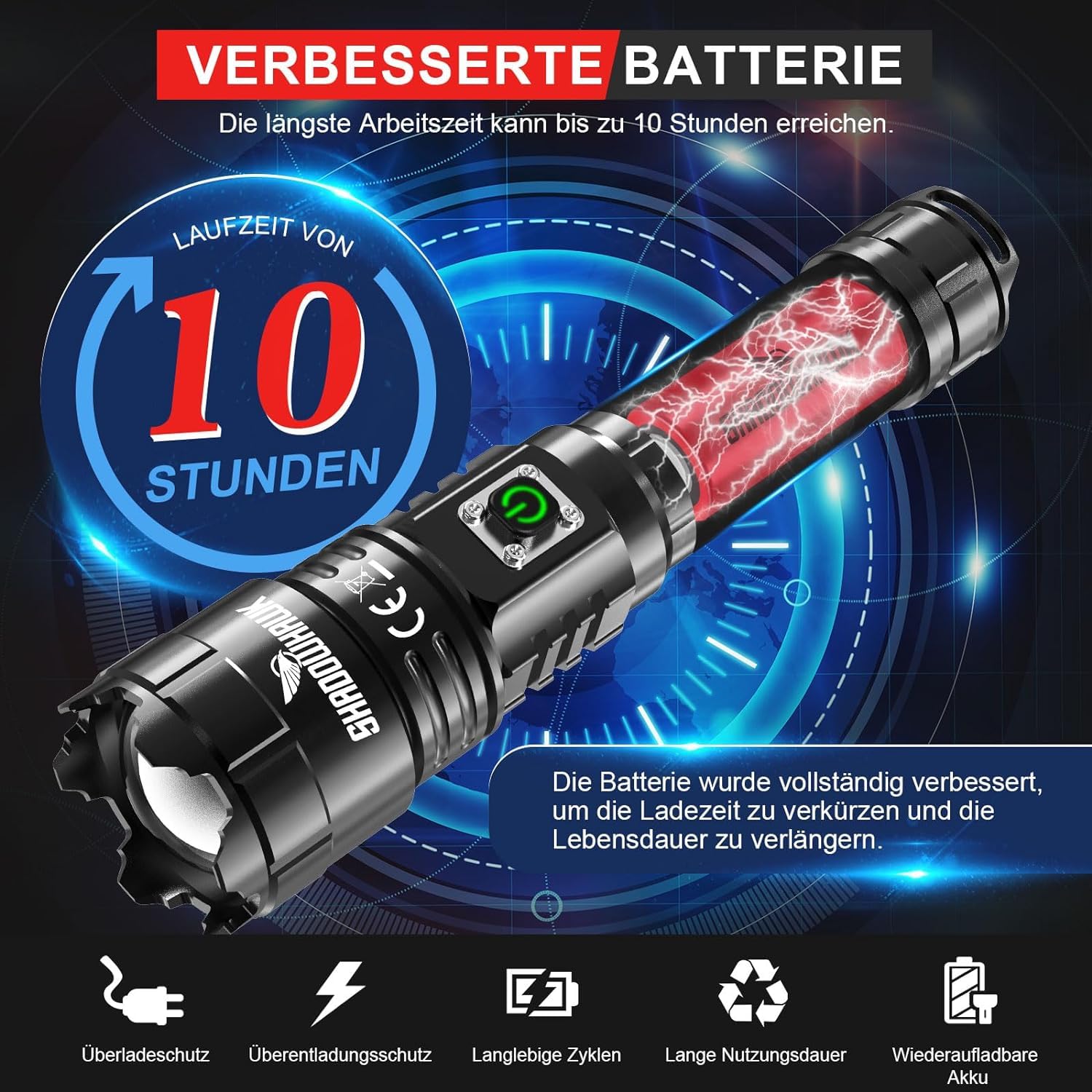 Shadowhawk LED Taschenlampe Aufladbar, Extrem Hell 500000 Lumen Taschenlampen Batteriebetrieben USB, XHP70.2 Taktische Taschenlampe, IP67 Wasserdicht 5 Lichtmodi Zoombar für Camping Wandern Notfälle