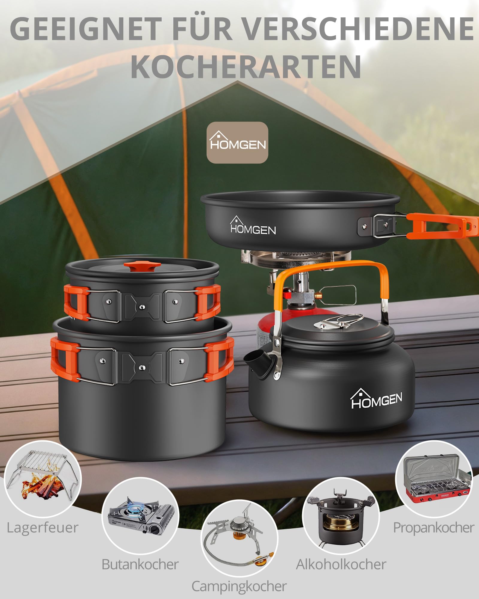 HOMGEN Camping Kochgeschirr Set für 4–5 Personen, Aluminium Camping Topfset mit Töpfe Wasserkessel, Teller, Schalen, Outdoor Kochset für Camping, Wandern, Picknick, Backpacking, Angeln