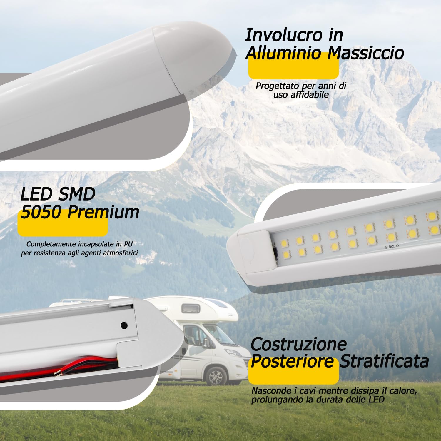 D-lite Luce LED Esterna per Camper, Barra LED 12v 55CM in Alluminio | Luce Bianca 6000K, IP66 Impermeabile, Bianca, Illuminazione LED per Veranda Tendalino Furgone, Montaggio a Parete