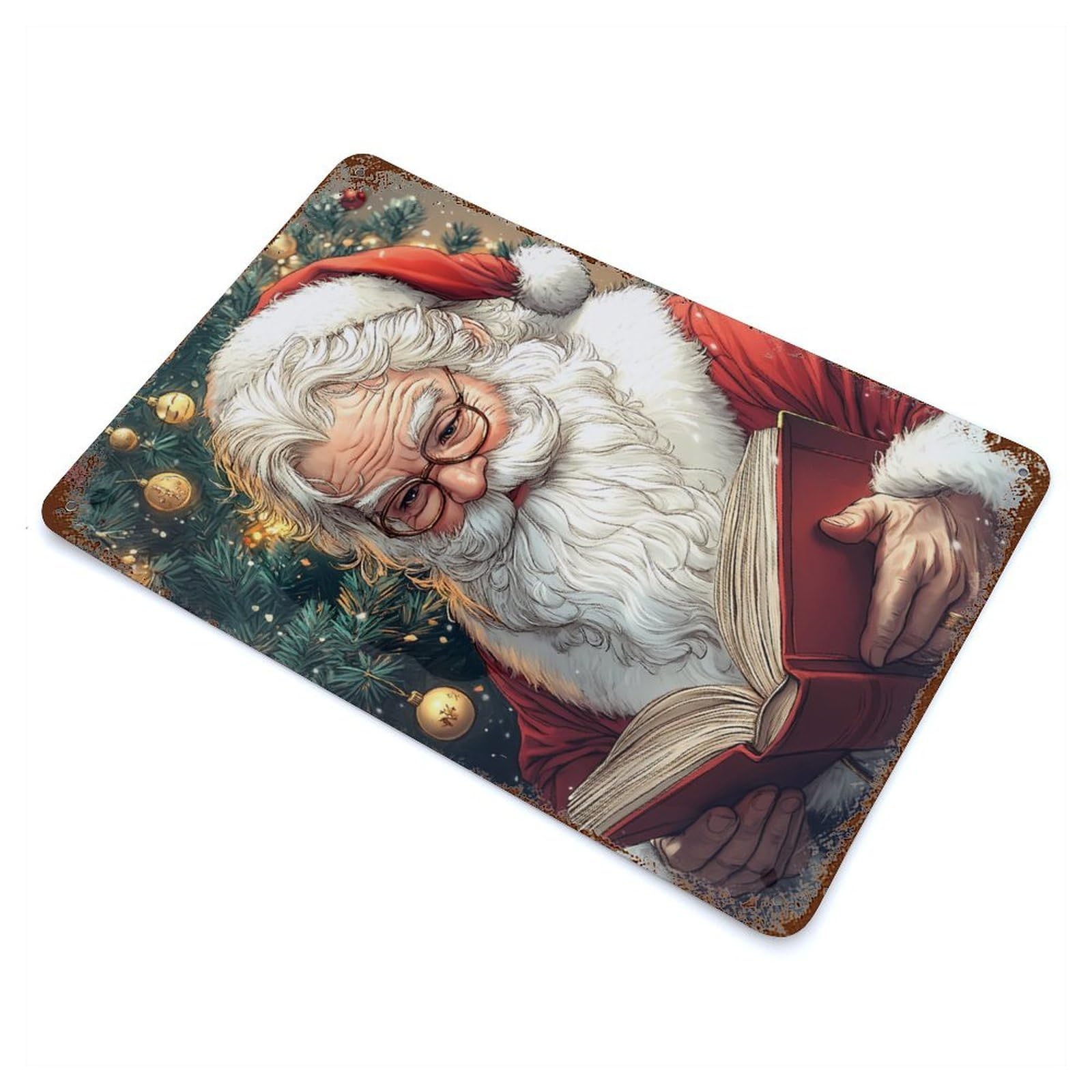 Weathered Tin Sign with Santa Claus Reading Christmas Funny Design 11.8"x7.9", for Basement, Hobby Room And Garage Decor, Industrial Home Decor