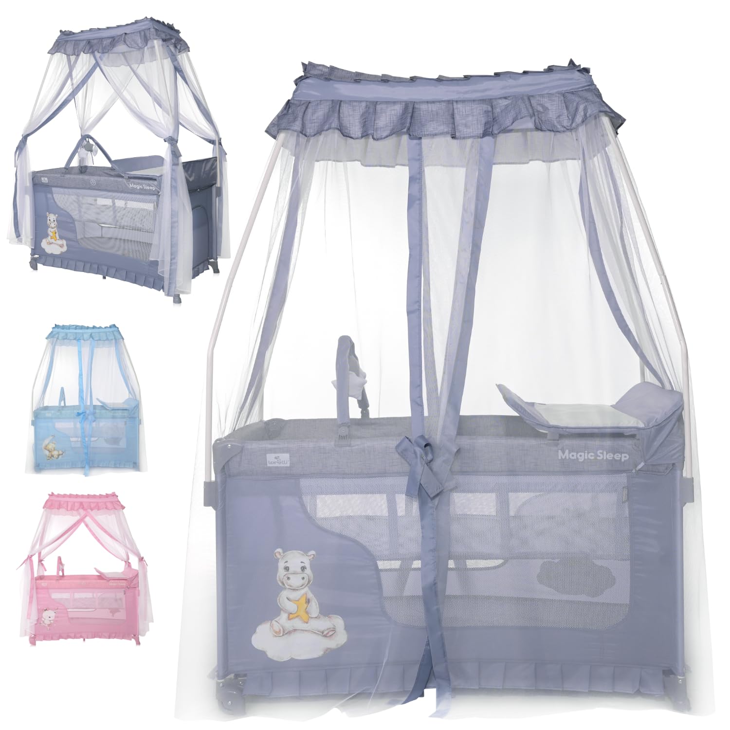 Lorelli 3 in 1 Babybett und Laufstall, Baldachin Betthimmel Magic Sleep mit 2 Ebenen, Kinderbett ab Geburt, Baby Reisebett, Wickelauflage, Rollen, Tasche, grau