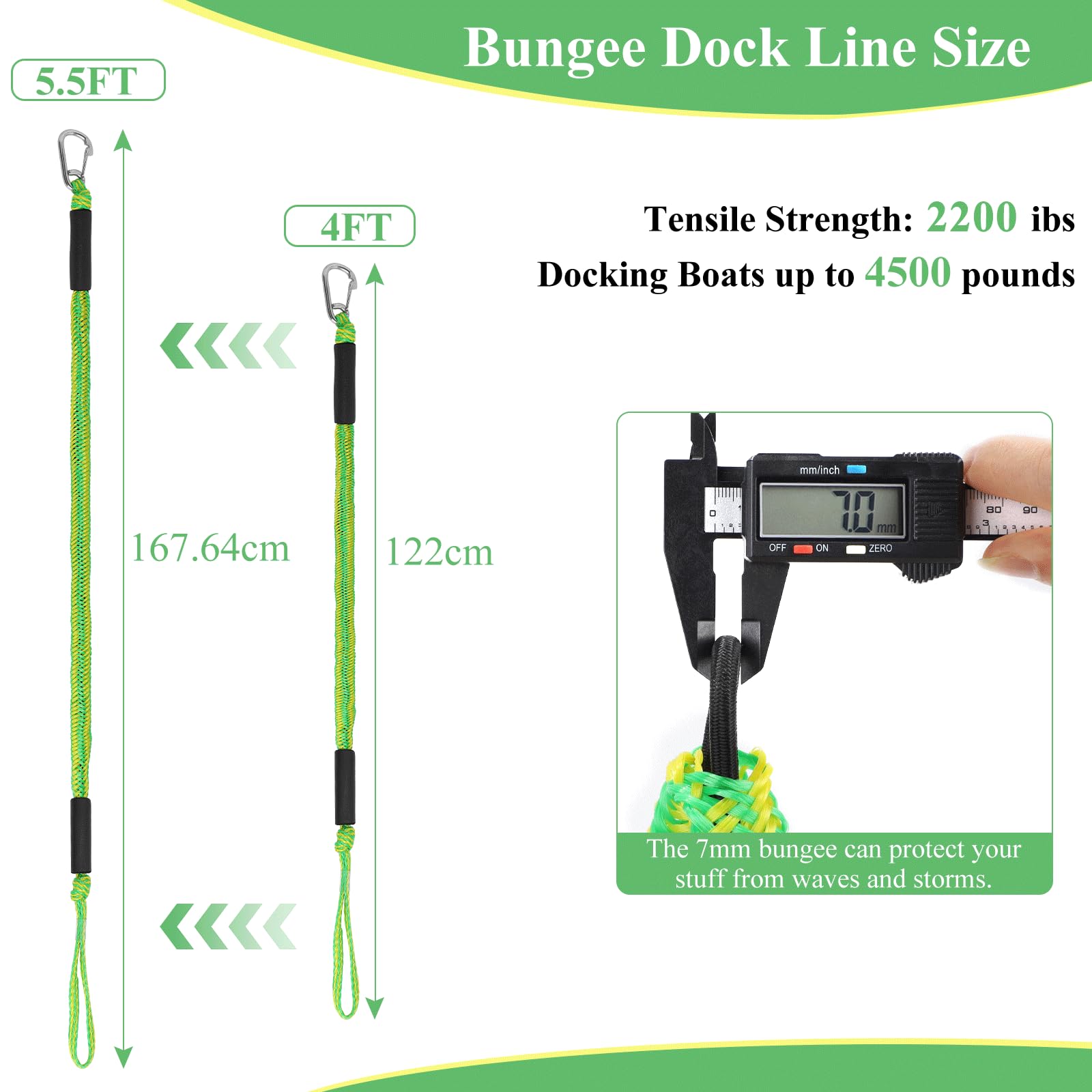 EFUTURETIME 2 x Corde d'Amarrage Bateau 10cm Bungee Corde Kayak Extensible, Dock Line Cord avec Crochet pour Kayak, Bateau à Moteu, Canoë, Pontoon (Vert)