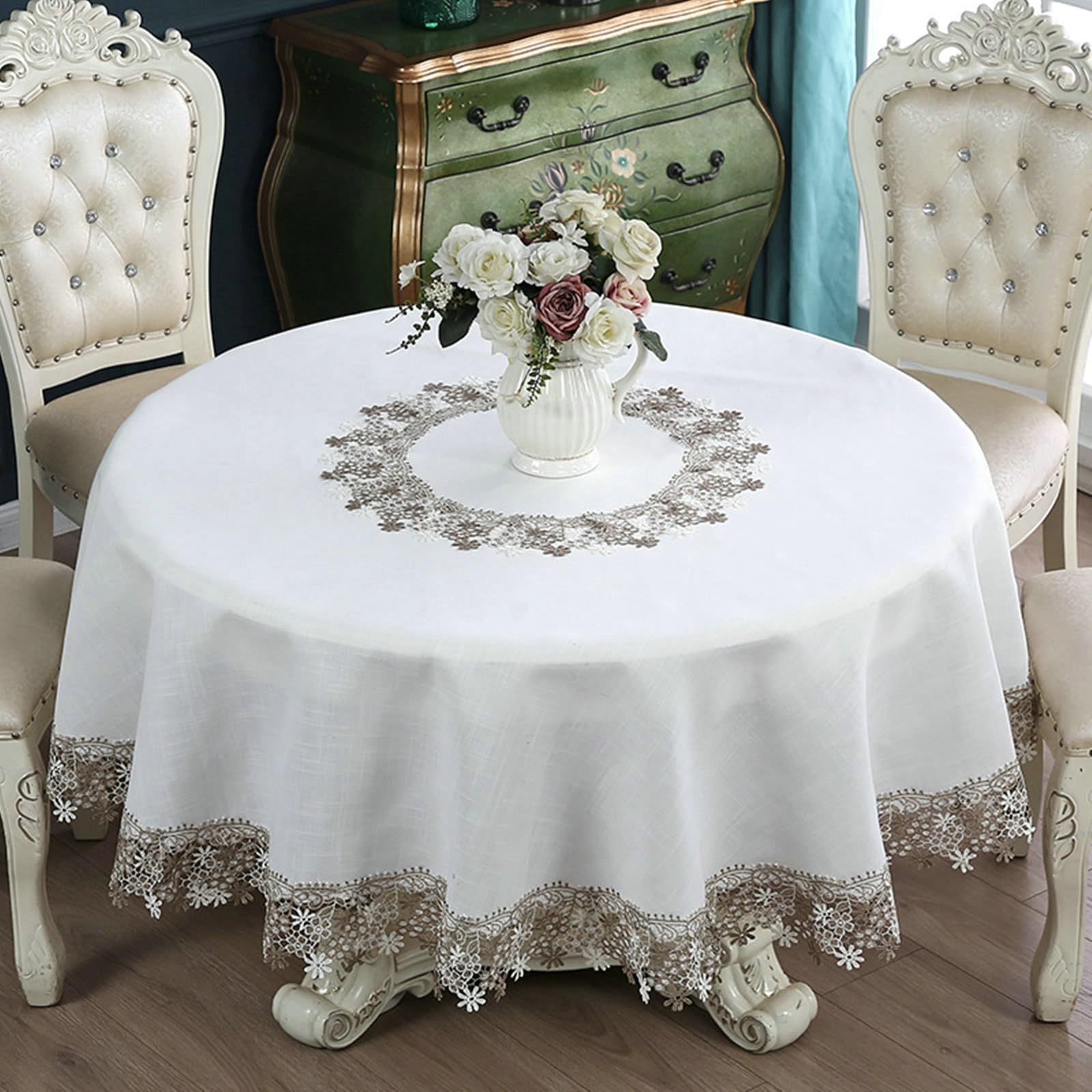 Mantel redondo blanco, flores bordadas manteles de poliéster 150 cm