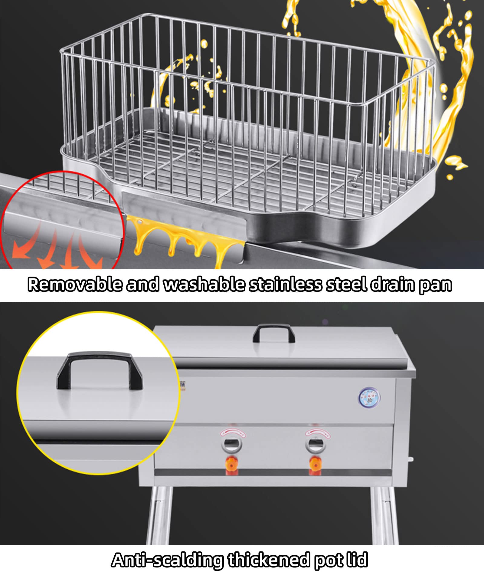 Freidora de gas comercial, freidora de restaurante de cocina independiente de acero inoxidable 23L, freidora de grasa profunda con cesta de drenaje extraíble, potencia de fuego ajustable, util