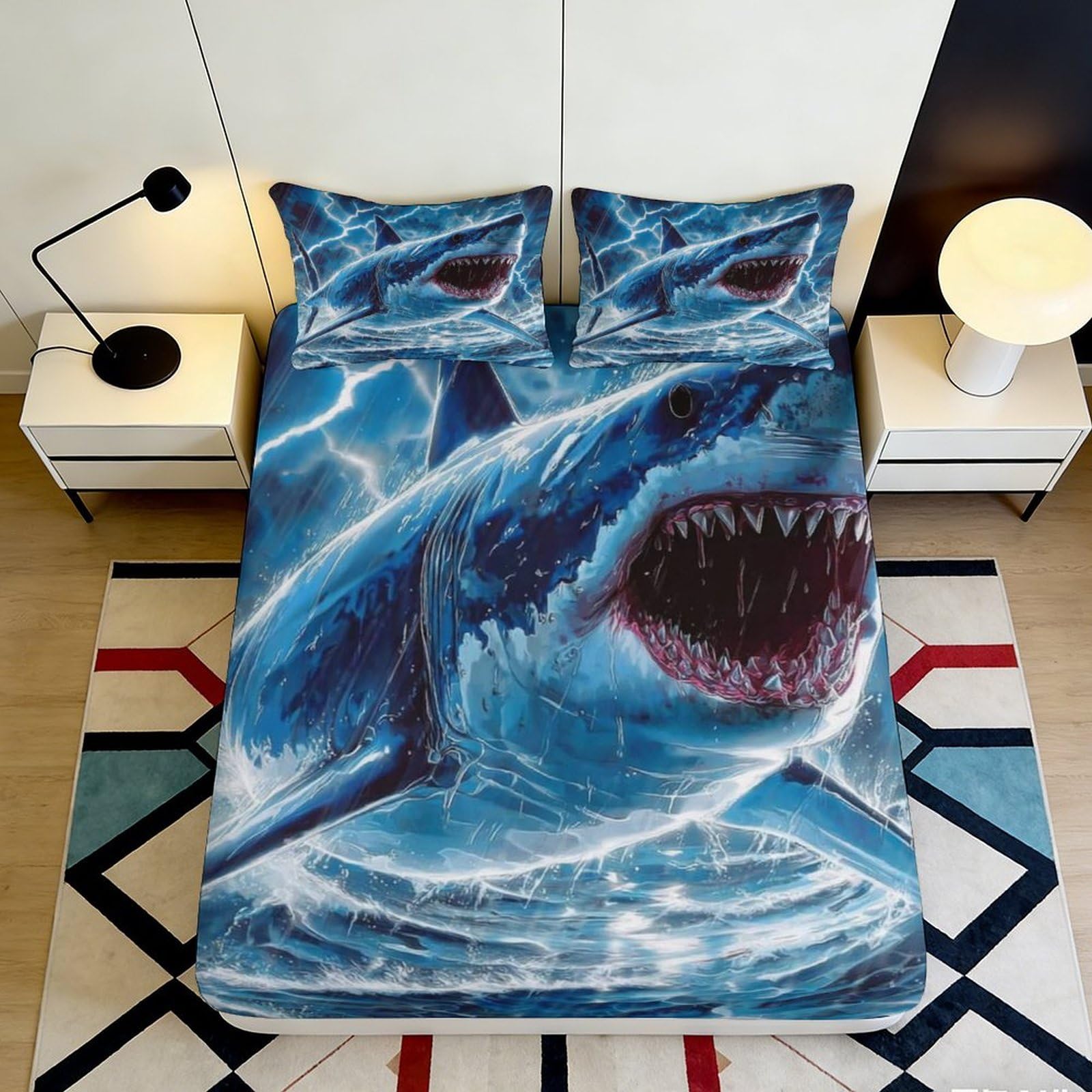 3D Printed Shark Ocean Fitted Sheet Microfiber Blue Lightning Mattress Cover for Bedroom Guest Room Decor 90x200x25cm