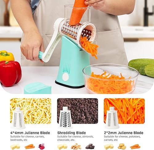 Miniatura 4 de Rallador de queso giratorio 5 en 1, manivela de mano, trituradora de verduras con 5 cuchillas intercambiables, ralladores para cocina, herramienta