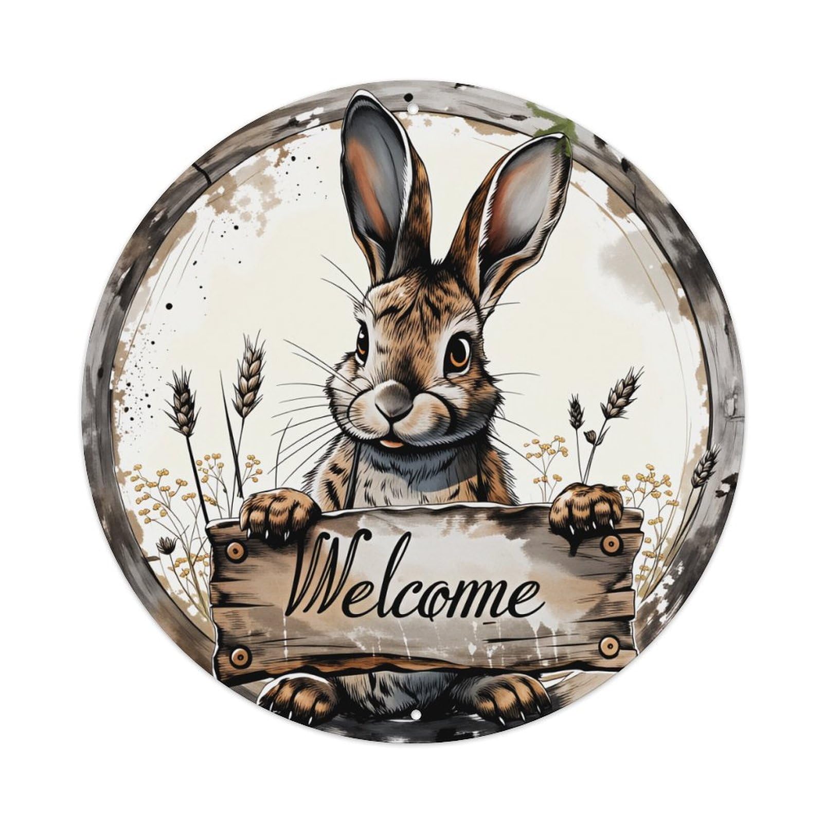 Rabbit Holding Welcome Sign With Wheat And Flowers Round Vintage Tin Sign,Retro Wall Art,Metal Poster for Home, Bar, Garage, Cafe, Rustic Indoor & Outdoor Decor, 8x8 Inches