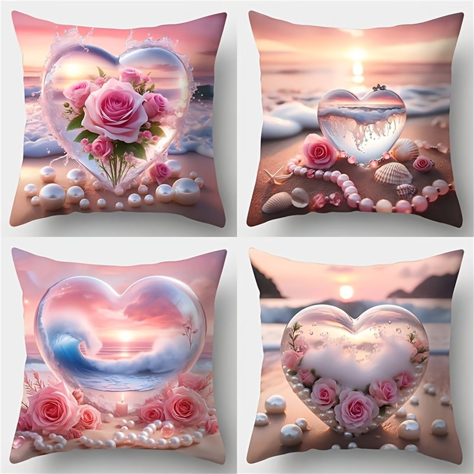 Heaen Outdoor Cushions Covers Waterproof 45x45 cm Set of 4 Square Linen Pillow Cases Sunrise Flowers Beach Decorative Dushions for Sofa Porch Patio Home Decor