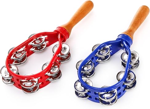 Eorbow 2 Pack 12 Tambourine for Adults, Double Row Metal Jingles Hand Held Tambourine, Plastic Wooden Hand Percussion Instrument, Musical Bells for School Party Church Concerts