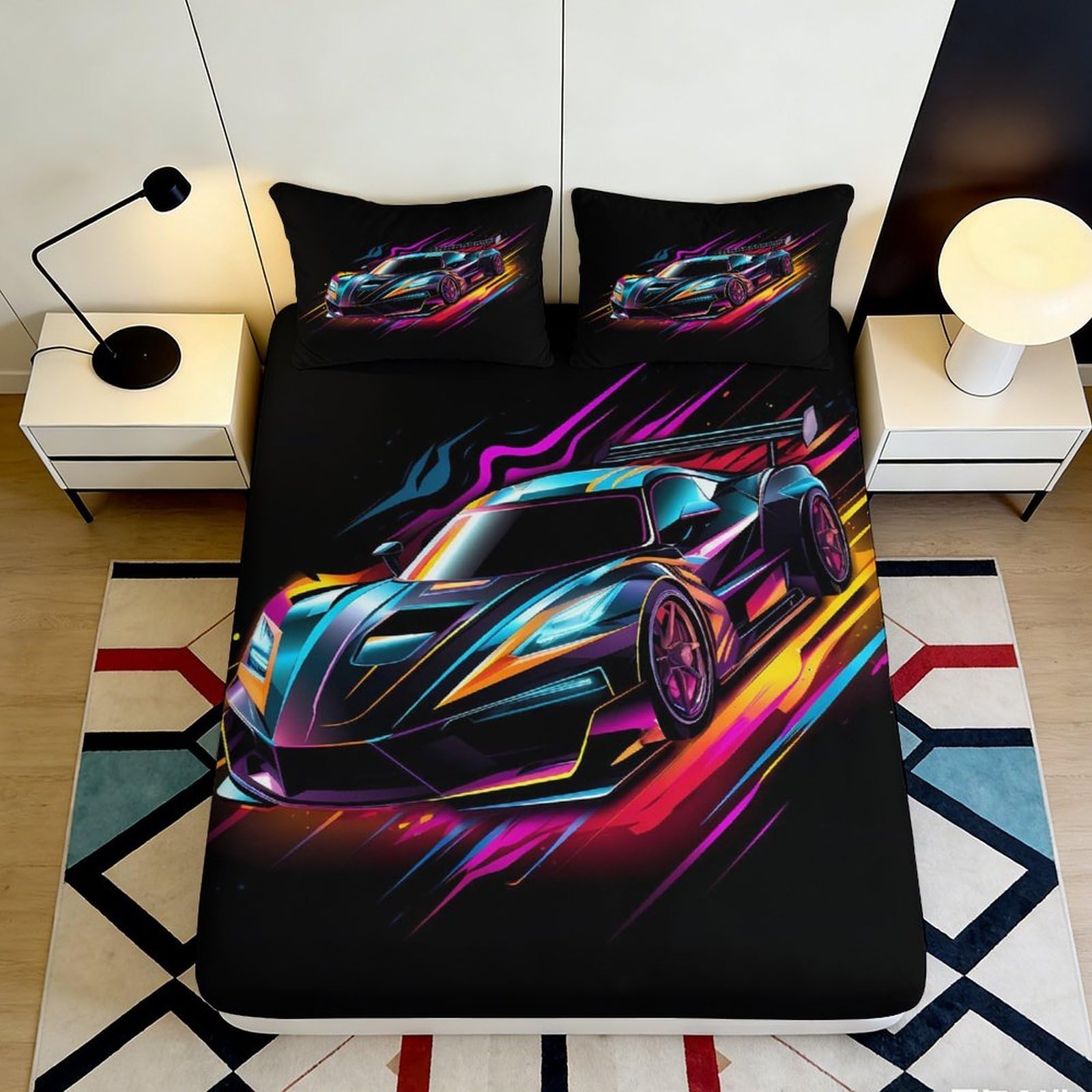 Uynsixtme Style-8 3D Printed Racing Fitted Sheet Microfiber Deep Pocket Non-Slip Racing Mattress Fitted Cover Washable Elastic Hem Bedding For Adults Teens 90X200x25cm