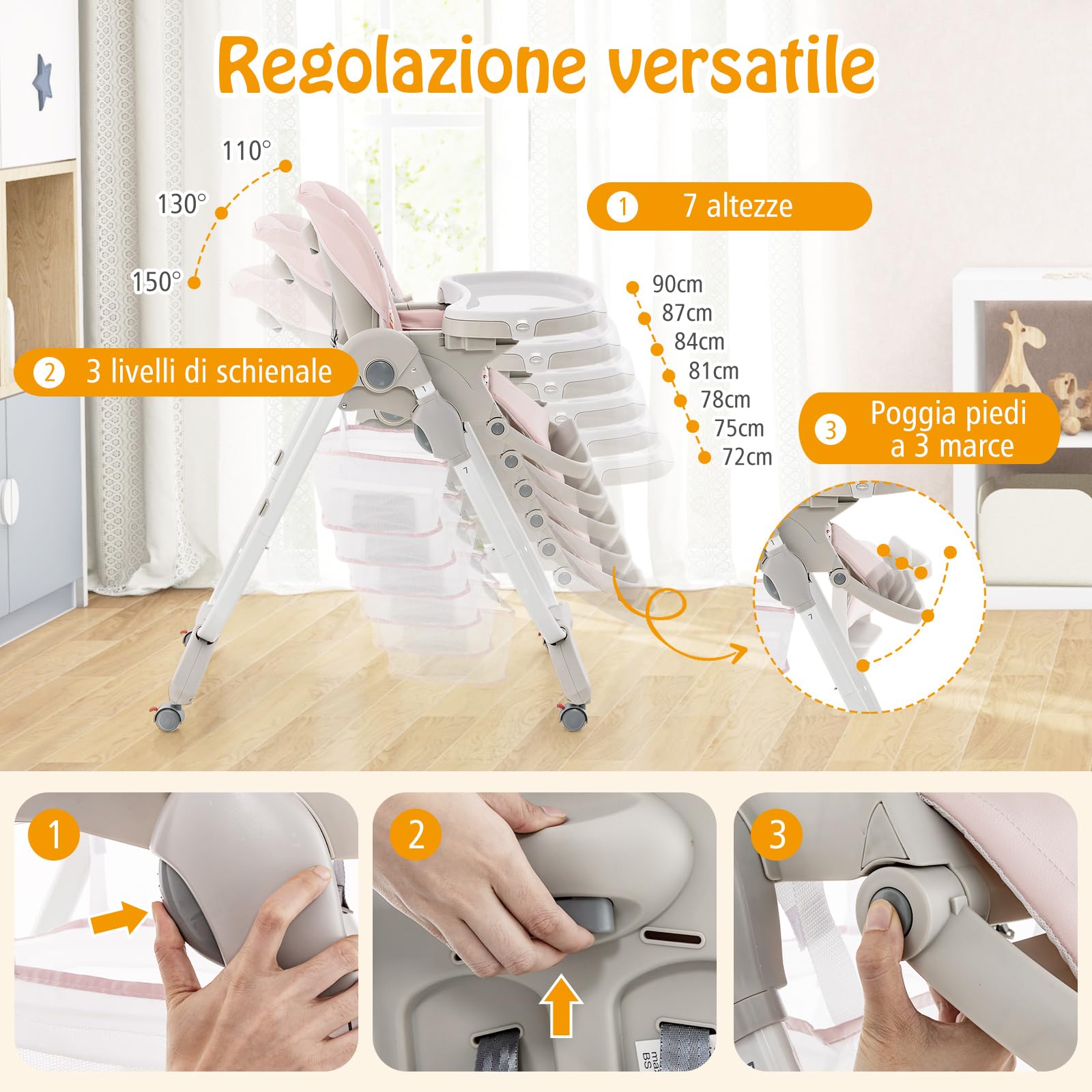COSTWAY Seggiolone Pappa per Bambini e Neonati, Seggiolone Pieghevole Multifunzione con Ruote, Altezza Regolabile, Poggiapiedi e Schienale, Vassoio Rimovibile, per 6-36 Mesi (Rosa)