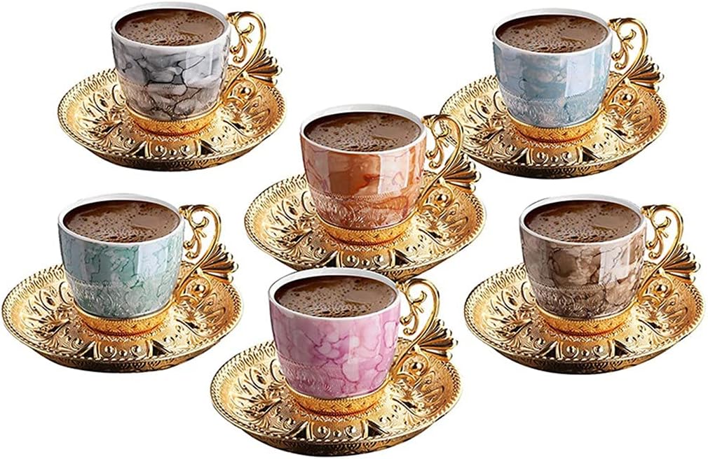 Coffee Cup Saucers Set for 6 Person 4 OZ Greek Coffee Espresso Women Men Gift Housewarming Wedding (Color : Gold) (Gold)