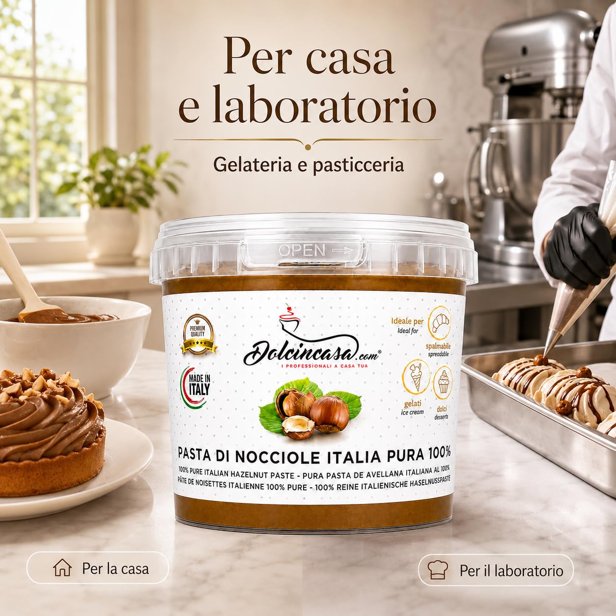 Dolcincasa-com Pâte de Noisettes Torréfiées 100% Pure Crème à Tartiner pour Glace Café et Diverses Utilisations en Confiserie Décorations Remplissages Sans Gluten sans Epaississants 500 Grammes