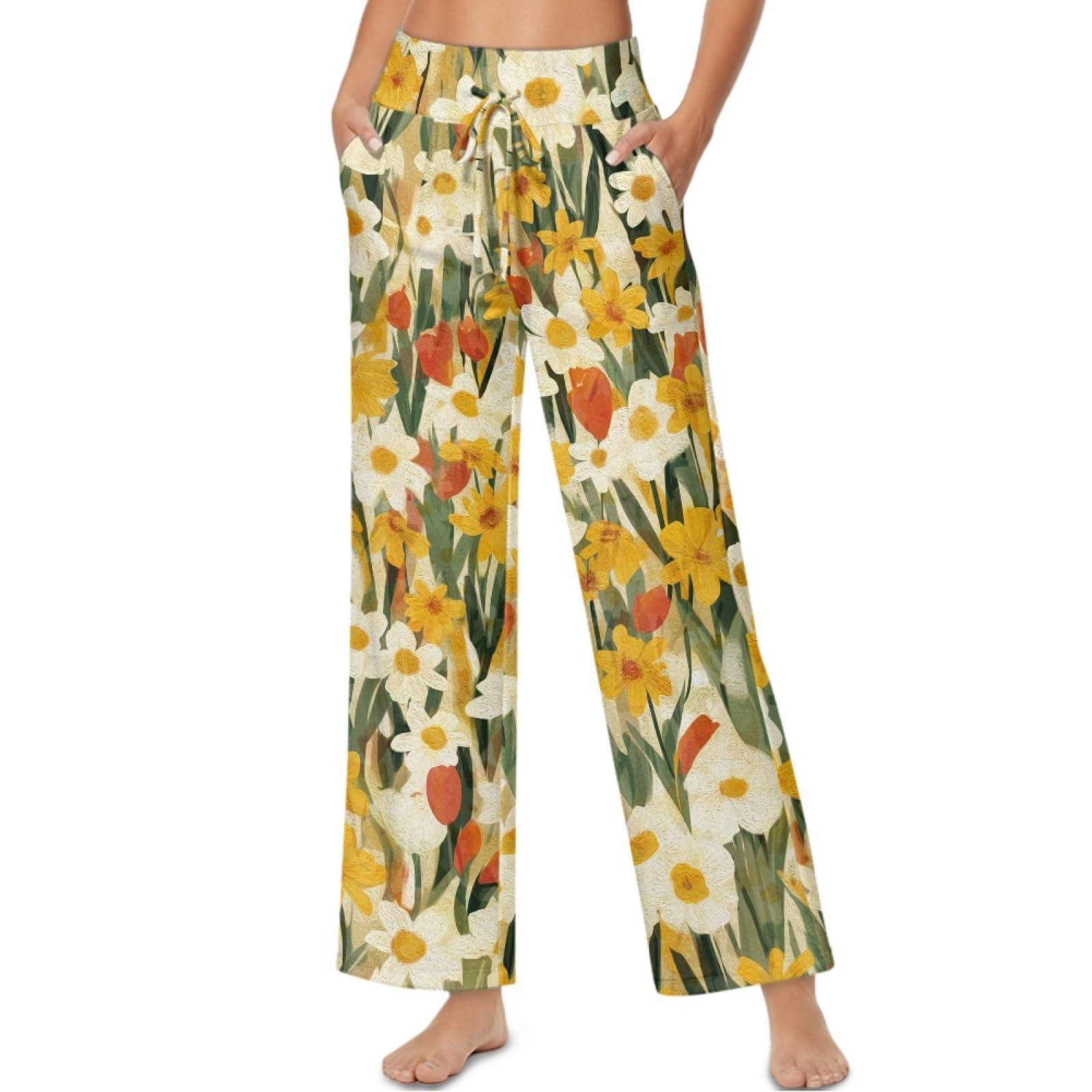 Pinupub Flowy Women Pants Casual Drawstring Wide Leg Trousers with Pockets Summer Spring High Waisted Palazzo Pants
