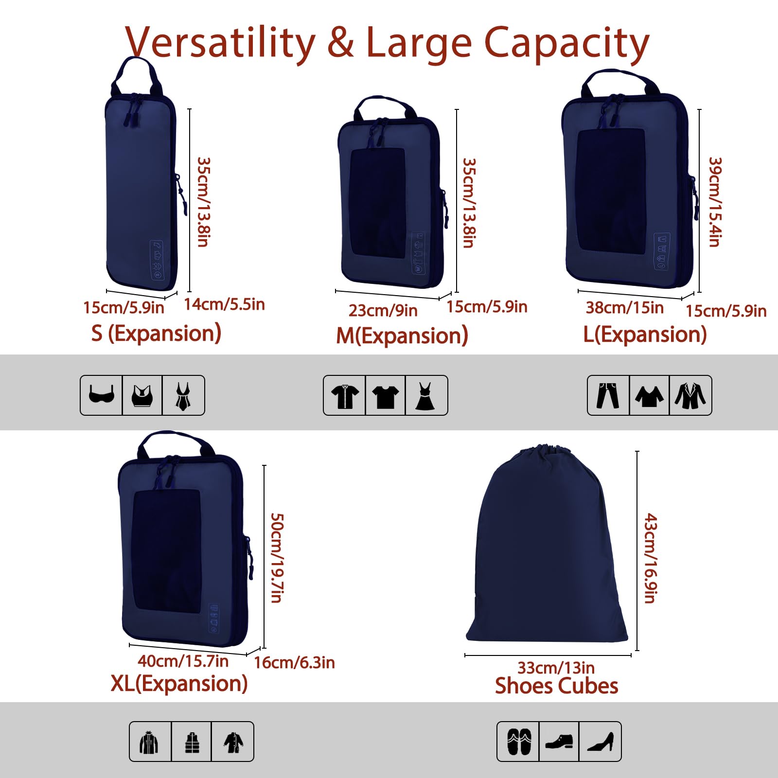 Organizer Valigia 5 Pezzi, Compression Packing Cubes Organizer Valigia Salvaspazio con Etichette per Bagagli per Vestiti Scarpe Organizador Maleta 5 Sets