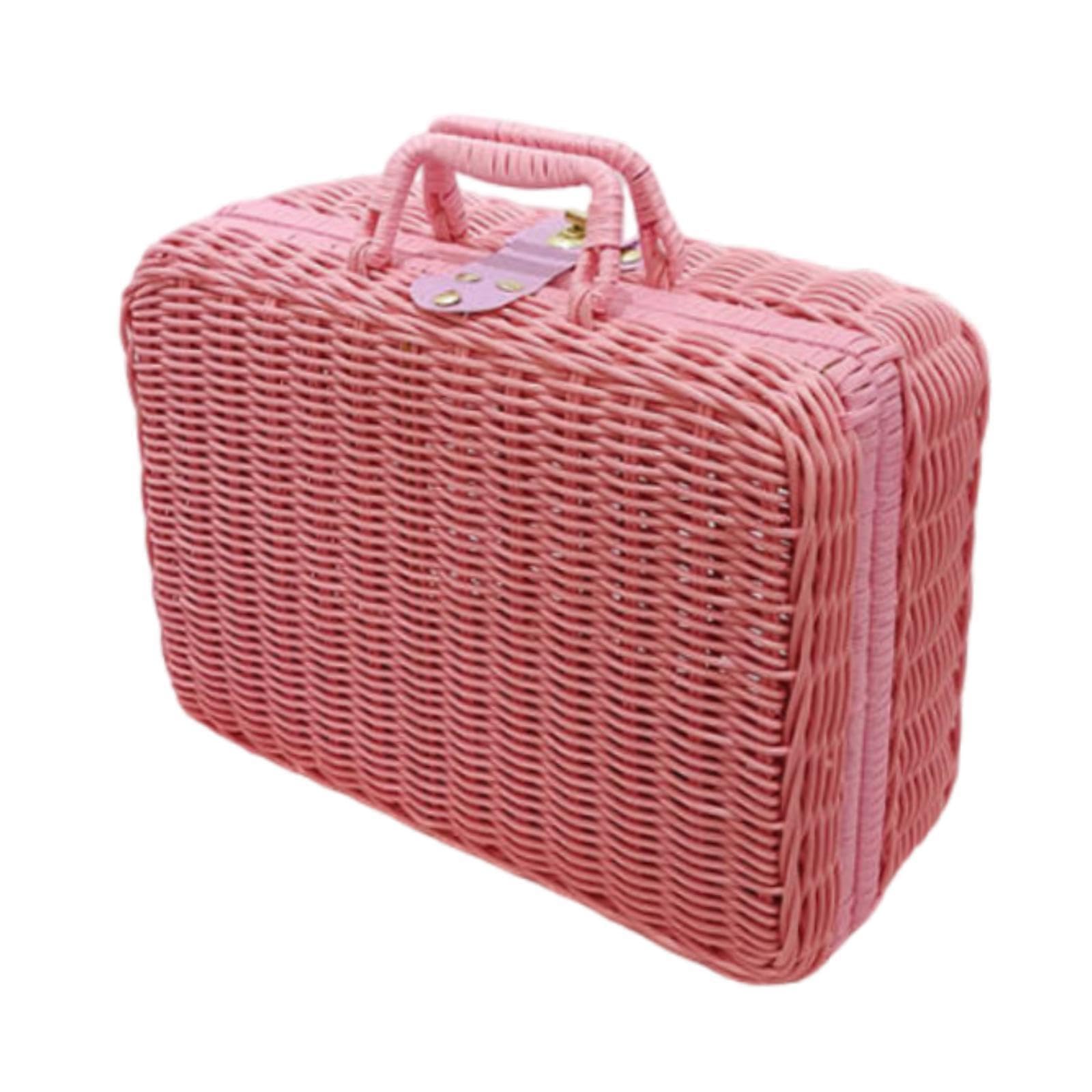 YIXANNX Elegant Imitation Rattan Suitcase Woven Basket Tote Crafted To Elevate Any Storage Environment With Vintage Touches Cosmetic Storage Box Travel, Pink, L