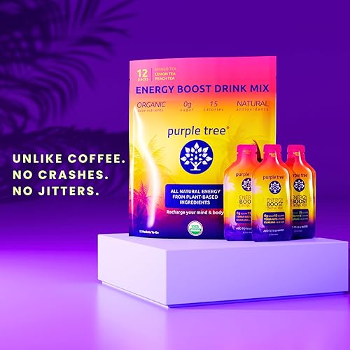 Miniatura 2 de purple tree Paquetes de energía orgánica, cero azúcar, vitaminas B12, sabor a té helado de limón  80 mg de cafeína de yerba mate y guaraná para