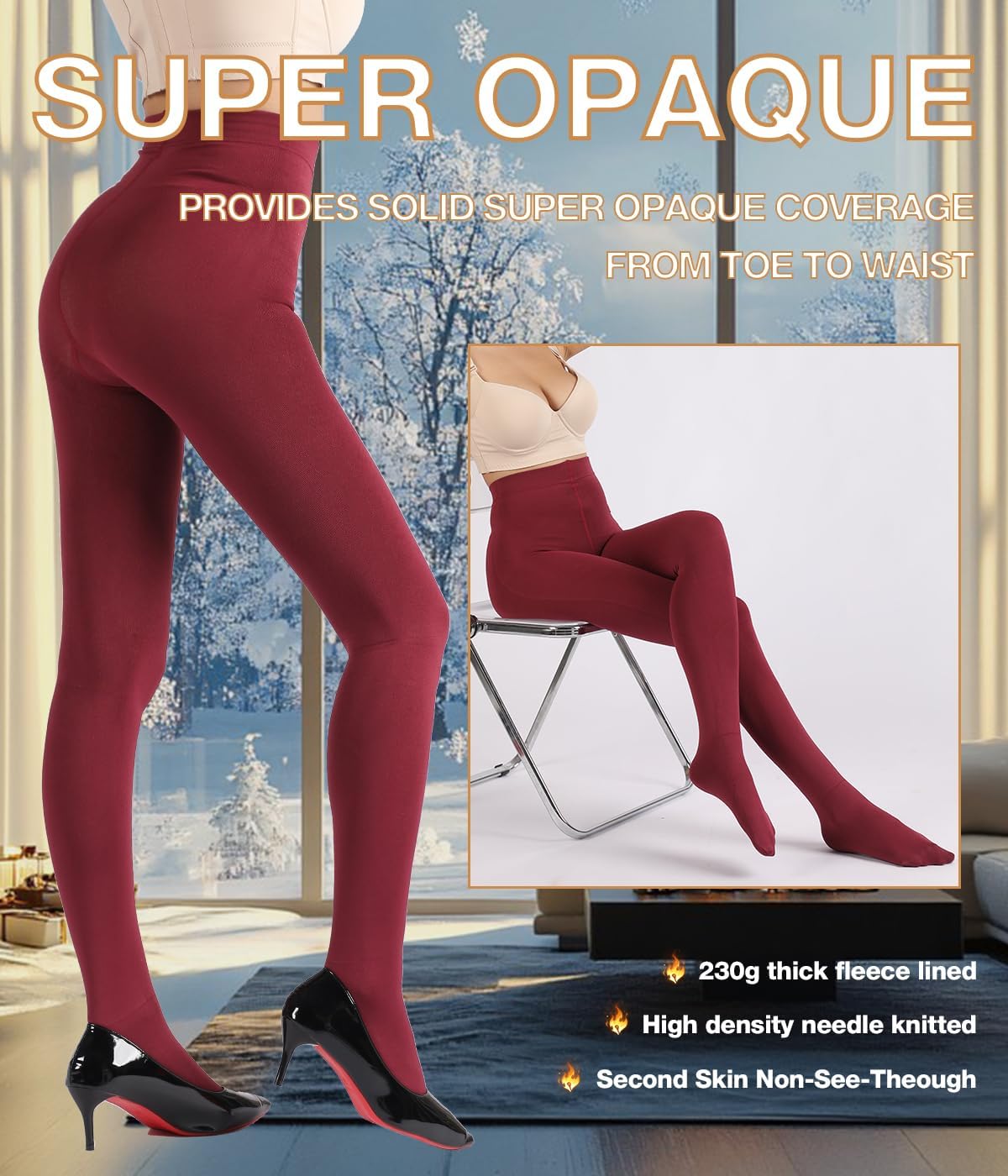 MERYLURE Fleece Lined Tights Women, Winter Warm Opaque Thermal Pantyhose, High Waisted Thick Control Top Leggings - Image 5