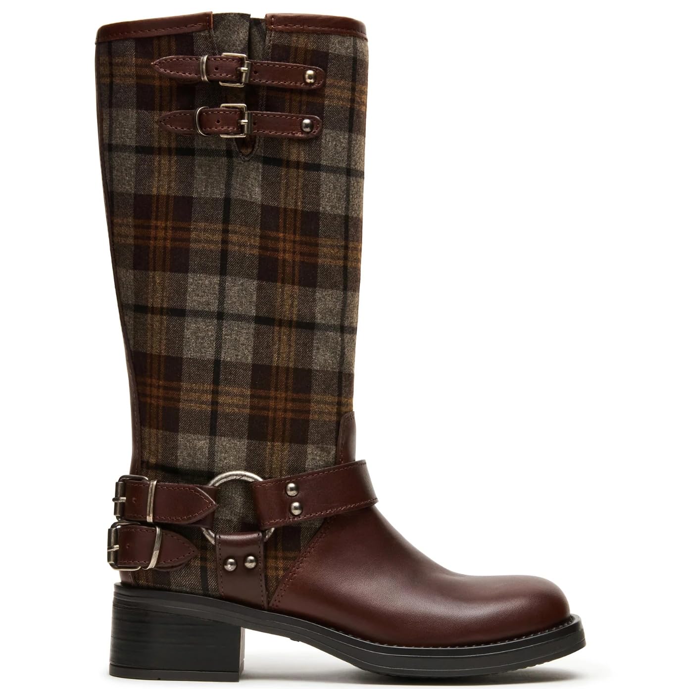 Womens Mid Calf Boots Low Block Chunky Heel Closed Round Toe Shoes Pull On Boots Buckle Straps Dressy