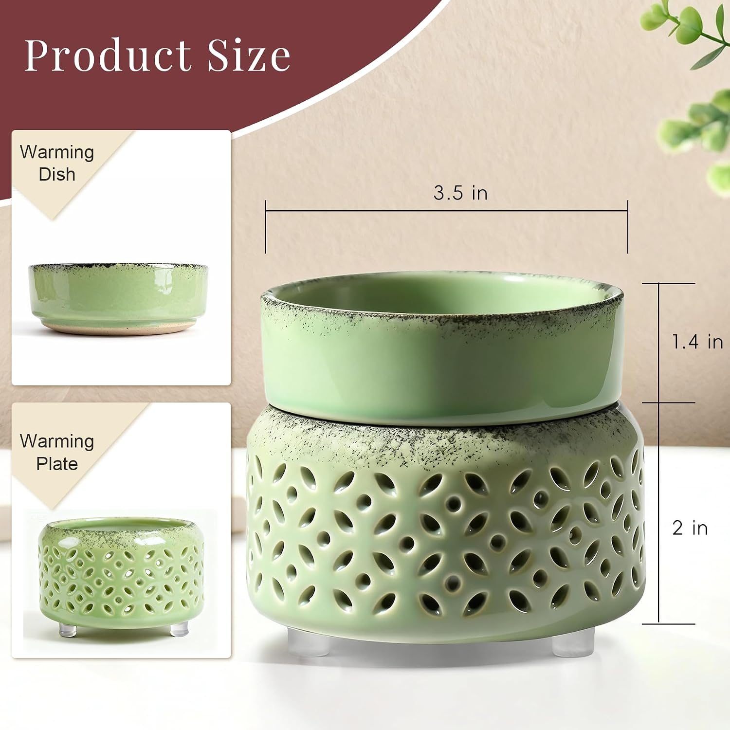 Ceramic Wax Melt Warmer 4-in-1 – Fast Melting Flameless with Soft Glow & Removable Dish – Safe for Wax Melts, Candle Jars, Coffee Mugs, Essential Oils – Rustic Green for Home Office | Rustic green glaze with iron-rust finish，No smoke, no soot，Hassle-free cleaning，Child & pet safe