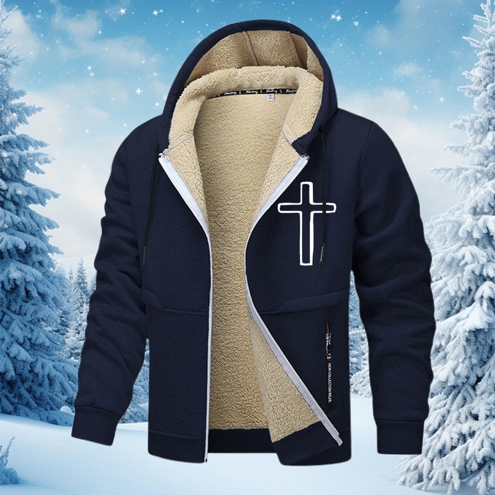Generisch Veste polaire doublée avec capuche, manteau d'hiver chaud avec fermeture éclair intégrale, pull doux et chaud pour temps froid, douillet et confortable (bleu marine, XXXL)
