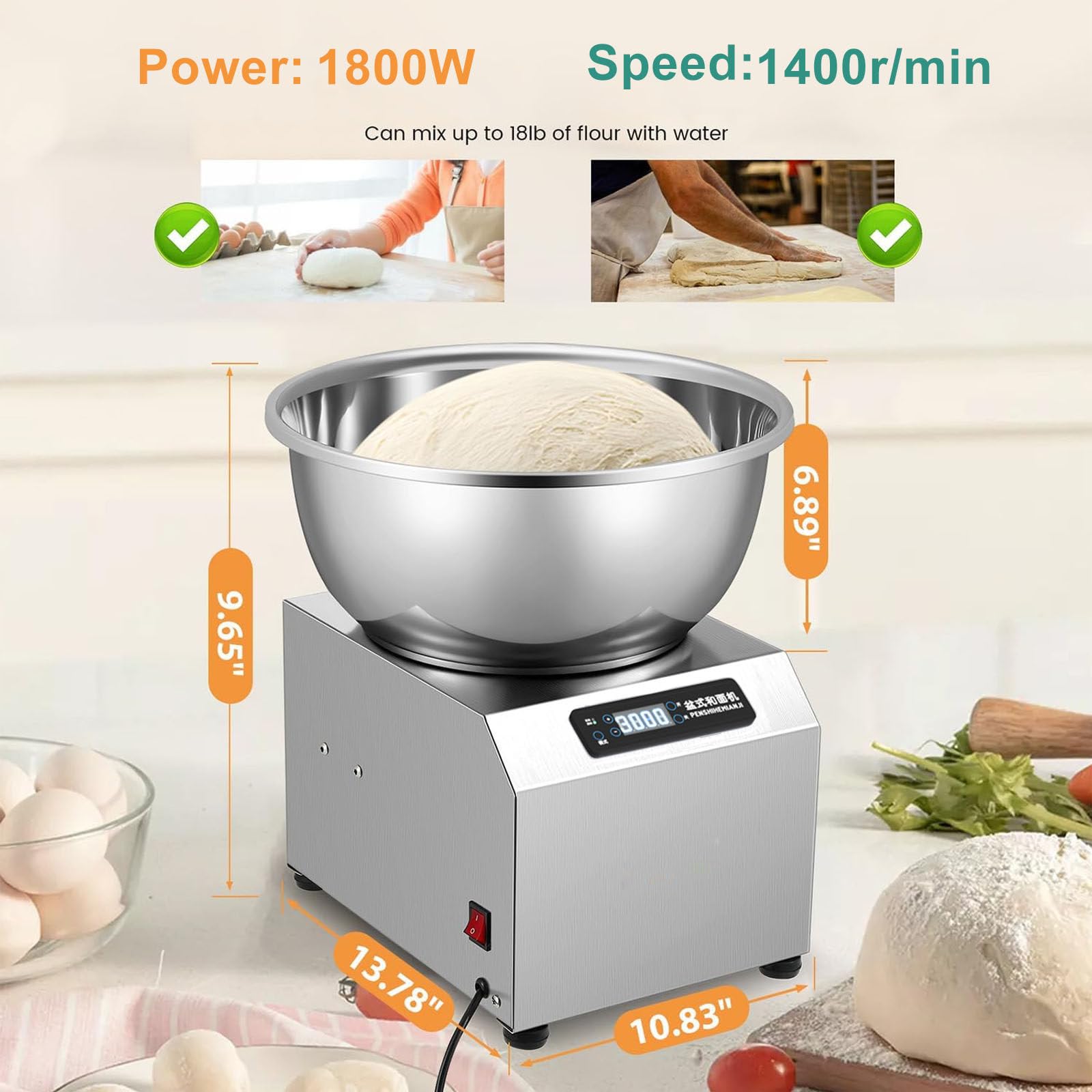1800W Macchina Impastatrice Rotante, Attrezzatura Da Forno Per Ristorante Pizzeria, Impastatrice Per Pane Con Supporto, Display Del Pannello Di Controllo Lcd, Timer 0-30Min,11.02LBS/5KG