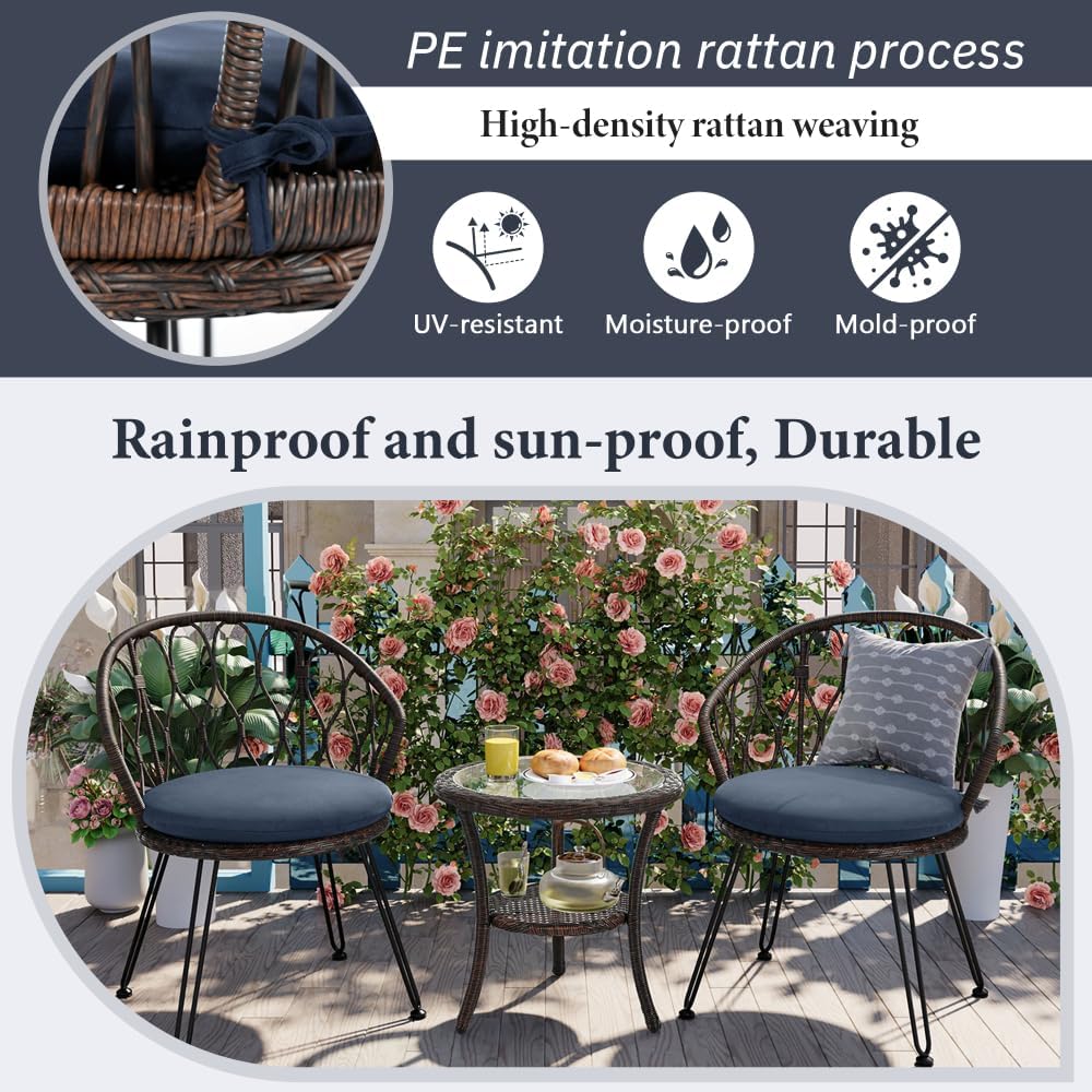 Outdoor Rattan Chair Set with 2 Chairs and Glass Round Table, Patio Balcony Garden Furniture, Lightweight Weatherproof for Leisure Relaxation