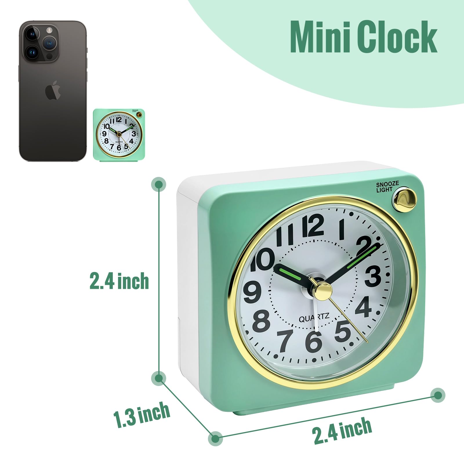 Lamisola Reloj despertador analógico de viaje con batería pequeña, relojes retro para dormitorio, mesita de noche, reloj para niños mayores, plateado sin tictac, retroiluminación bajo demanda