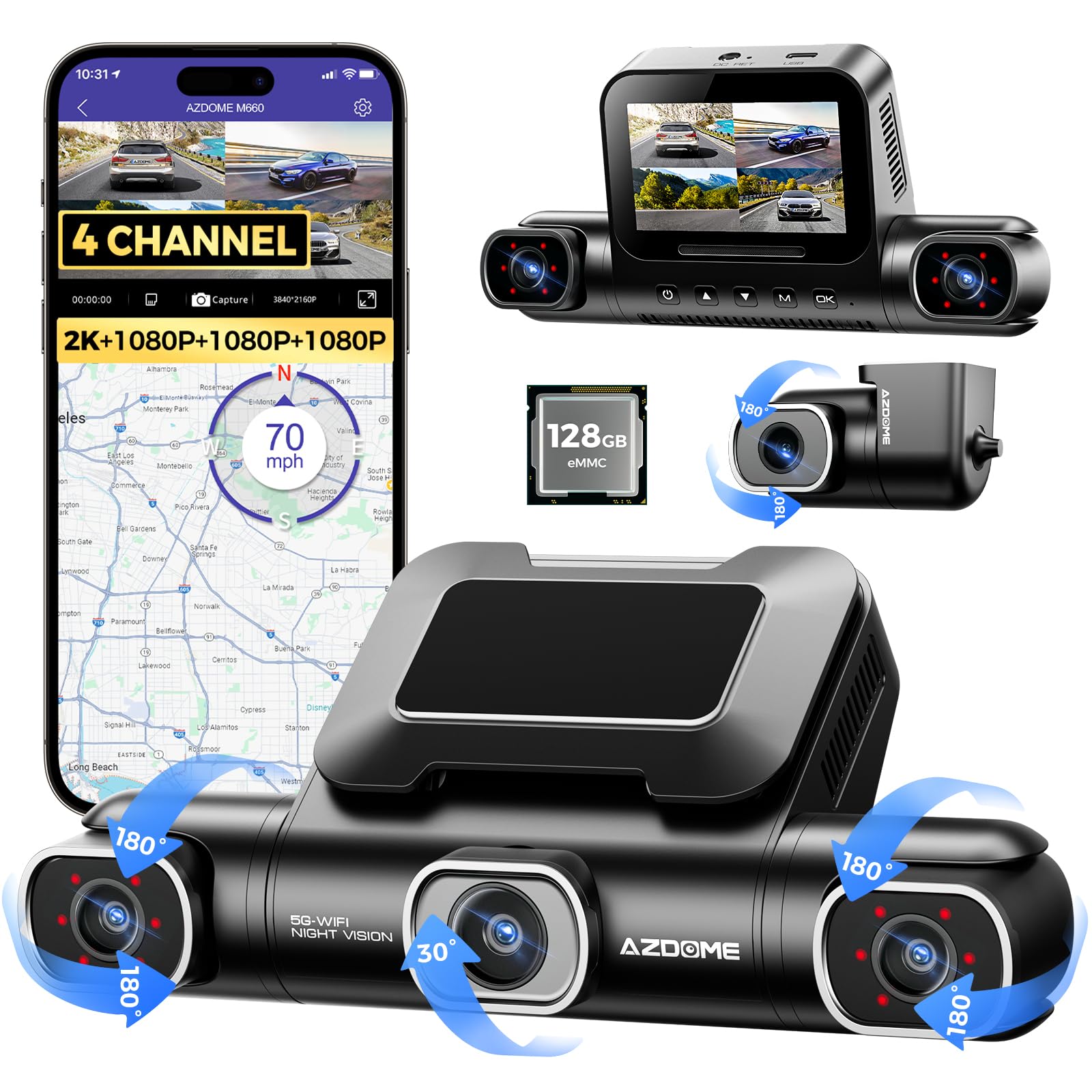 AZDOME M660 360° 4 Channel Dash Cam, Built-in 128GB eMMC, 2K+1080P*3 Dashcam Front and Rear Inside Left Right, Voice Control, 5G WiFi Dash Camera for Cars with 4 Adjustable Lenses, IR Night Vision