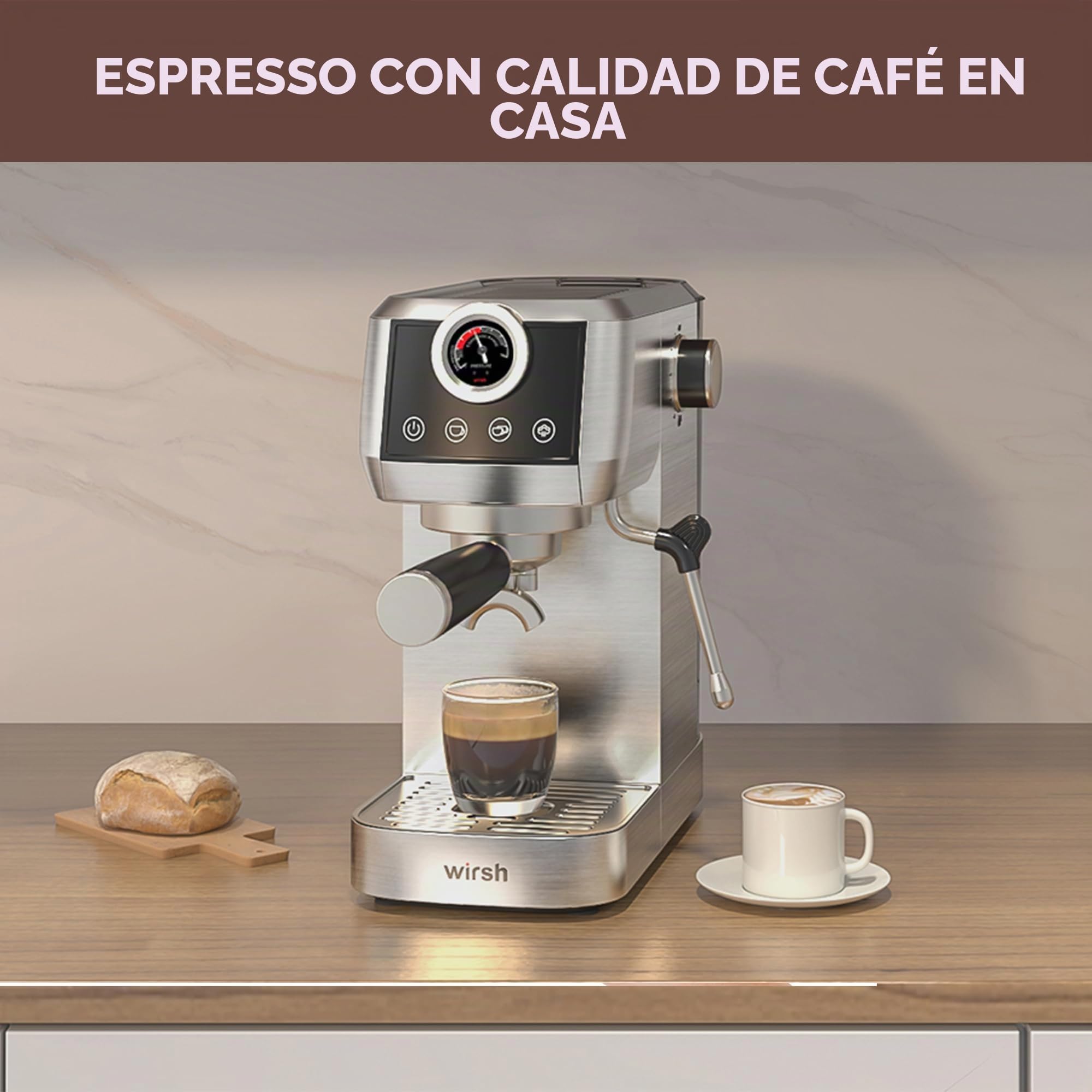 wirsh Máquina de expreso, cafetera espresso de 15 bares con vaporizador comercial para café con leche y capuchino, cafetera espresso con tanque de agua extraíble de 40 onzas, acero inoxidable completo