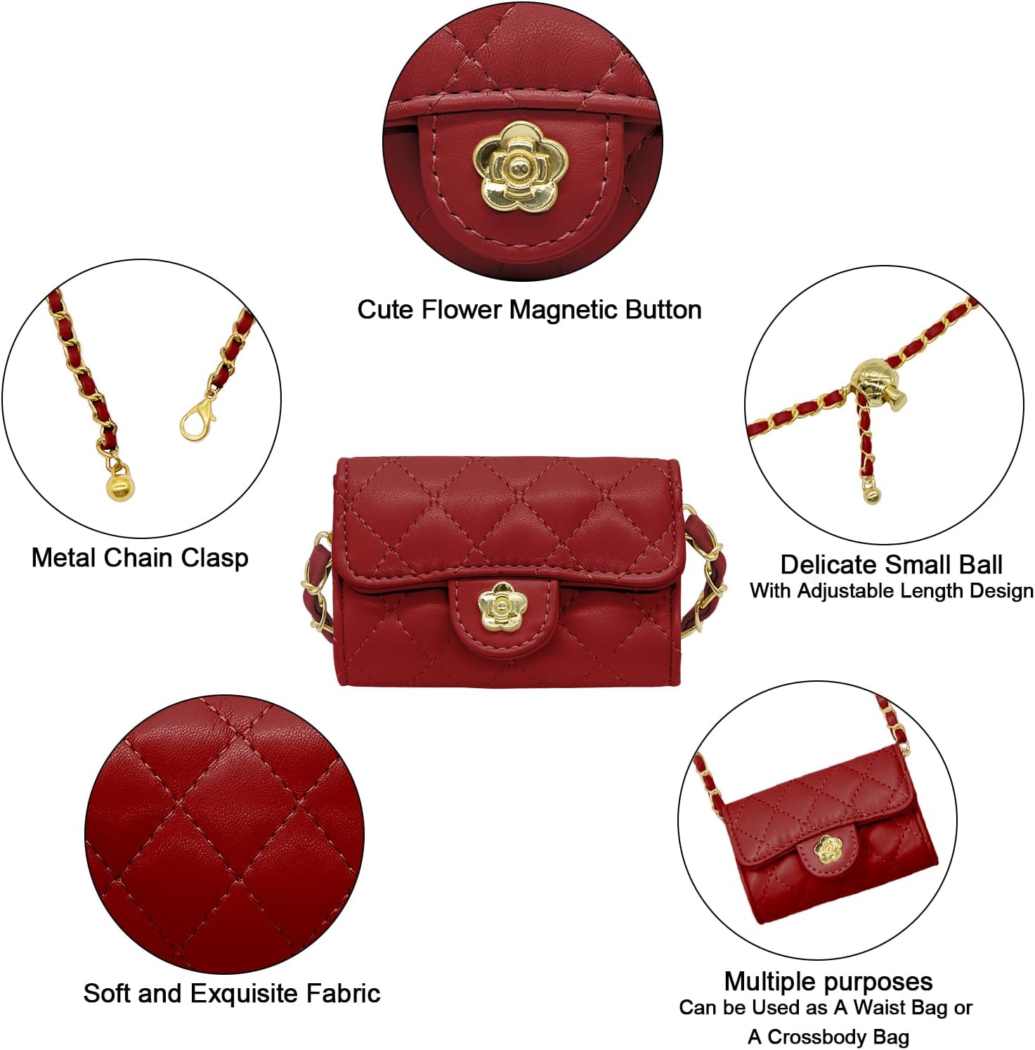 YAMEIZE Mini PU Leather Chain Belt Bag for Women Quilted Waist Purse Crossbody Fanny Pack Detachable Belt Chain