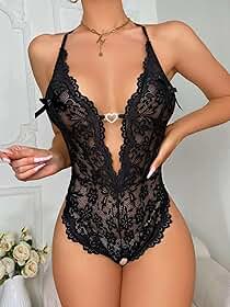 Lingerie feminina sexy, peça única, body de renda, decote em V profundo, mini babydoll