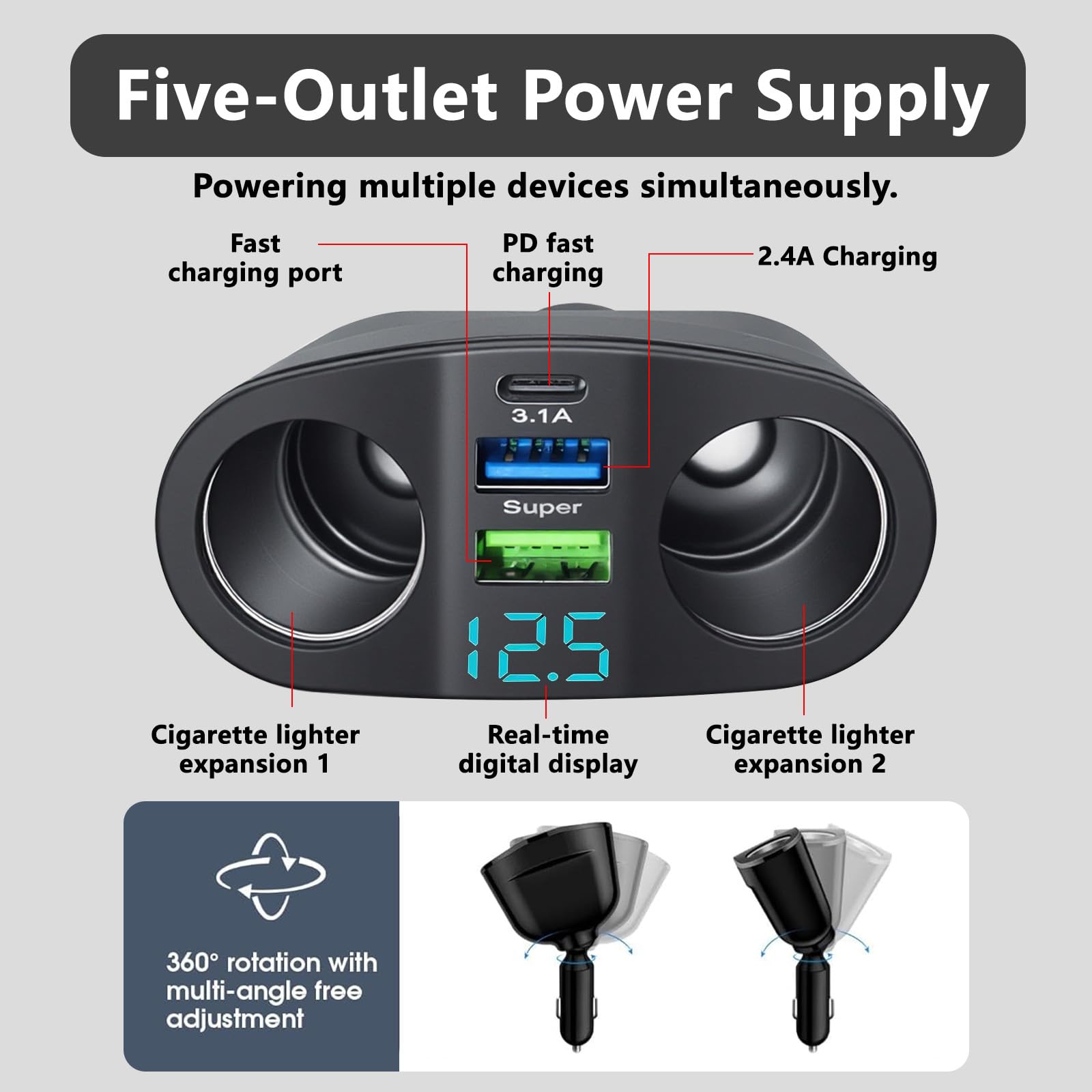 Car Cigarette Lighter Adapter 12V/24V, Dual USB-C PD & USB-A QC3.0 Super Fast Charger, 360° Rotating Car Lighter Adapter, Multi-Socket Splitter with LED Voltmeter for Phone Tablet GPS Dashcam — view 5