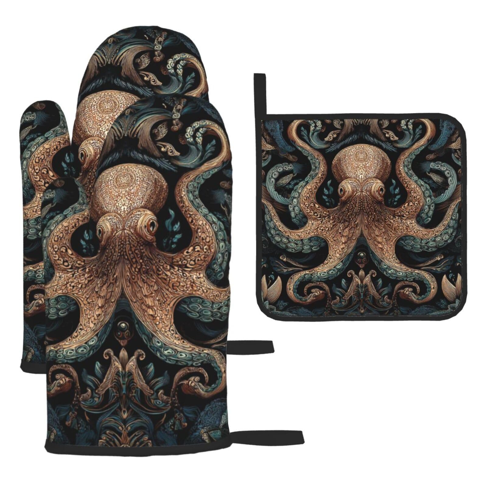 Oven Mitts and Pot Holders Set of 3 Heat Resistant Non-Slip Kitchen Gloves Hot Pads Giant Octopus Oven Mitts Kitchen Mittens Gloves Non-Slip Potholders for Cooking Baking Grilling BBQ