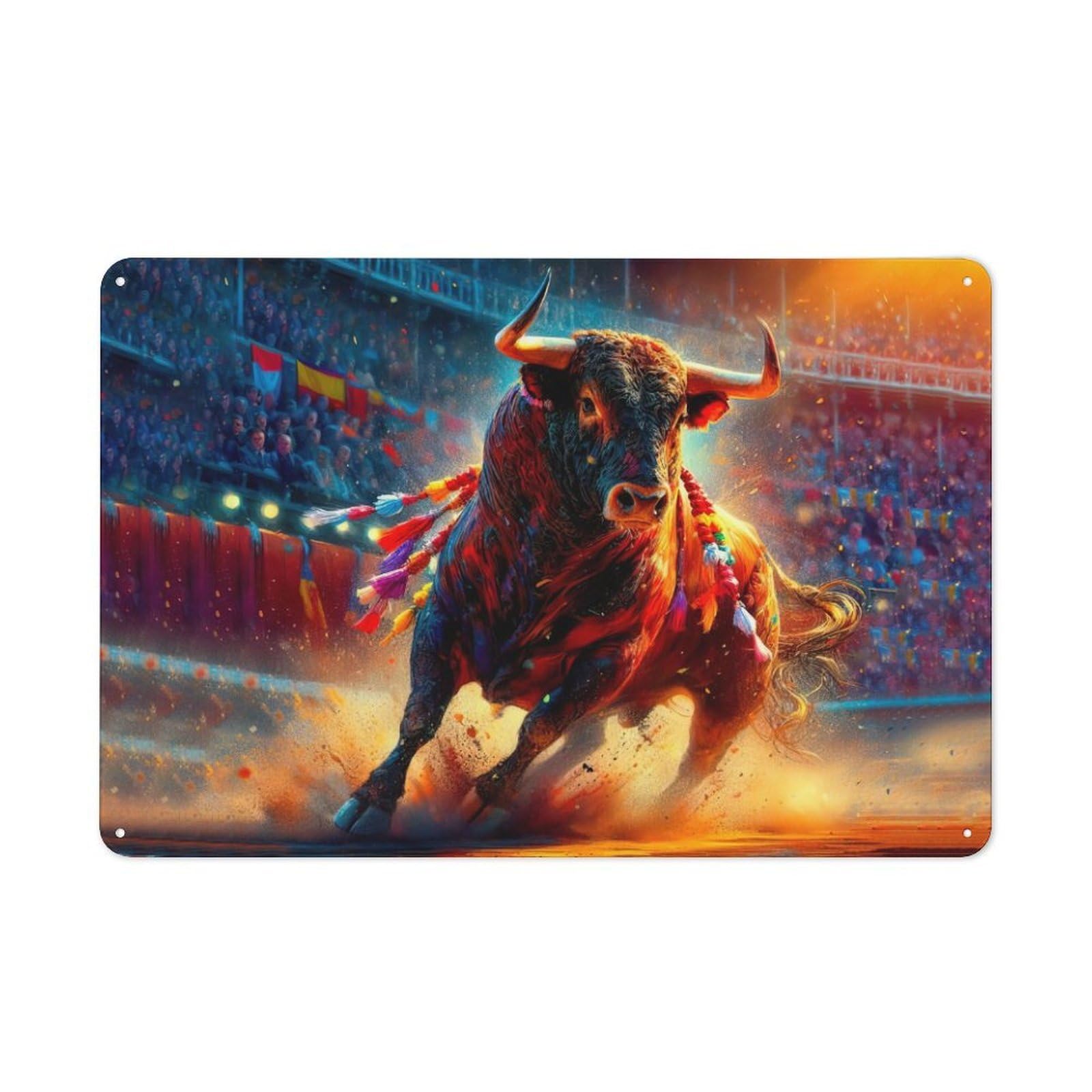 Junmoney Style-5 Bull In Plaza España Classic Metal Wall Decor 20X30cm, Decorative Tin Plaque For Cafe, Pub, Workshop Or Home Bar