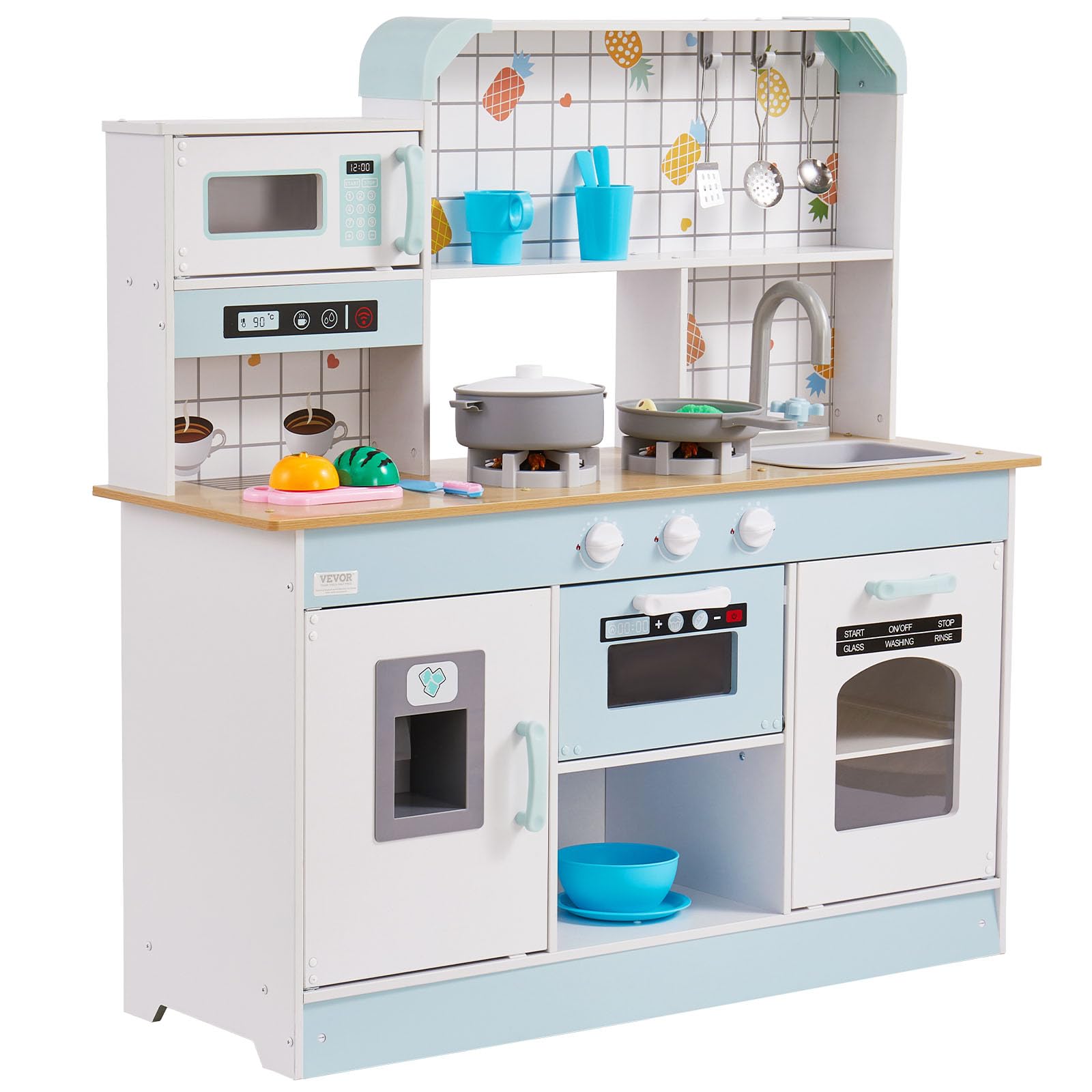 VEVOR Cuisine pour Enfants, Ensemble Cuisine pour Tout-petits en Bois avec Lumières, Son, Machine à Glaçons, Four, Évier, Micro-ondes, Réfrigérateur, Ustensile, Accessoire, pour Enfants 3-8 ans, Blanc