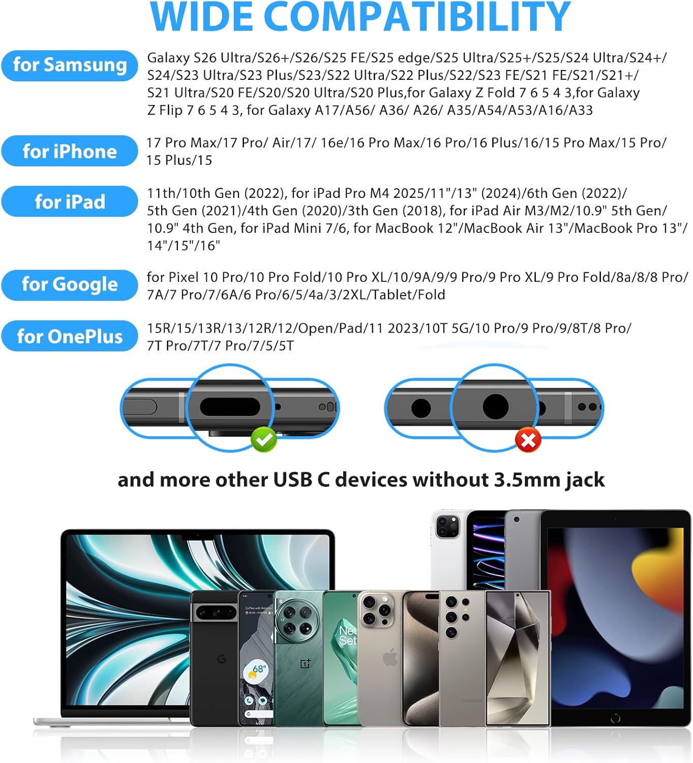USB C Headphones Over Ear Hooks for Samsung Galaxy S26 Ultra S25 S24 S23 S22, Wrap Around Ear Buds with Loops Mic Type C Earphones Running Sport Wired Earbuds for iPhone 17 e 16 15 Pro Max Plus Air