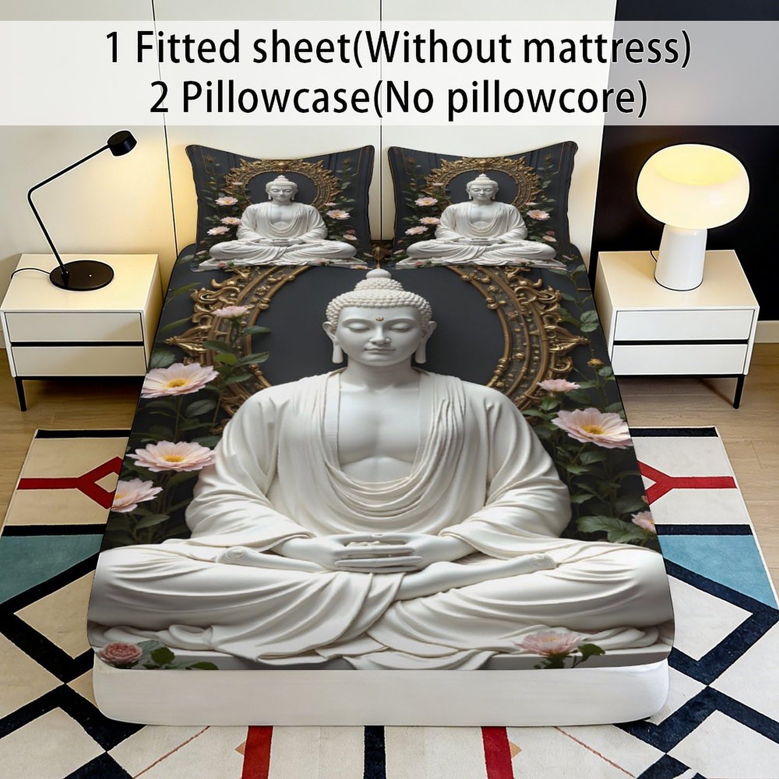 Lenzuolo con angoli elasticizzati con stampa 3D Buddha, in microfibra, antiscivolo, per la casa