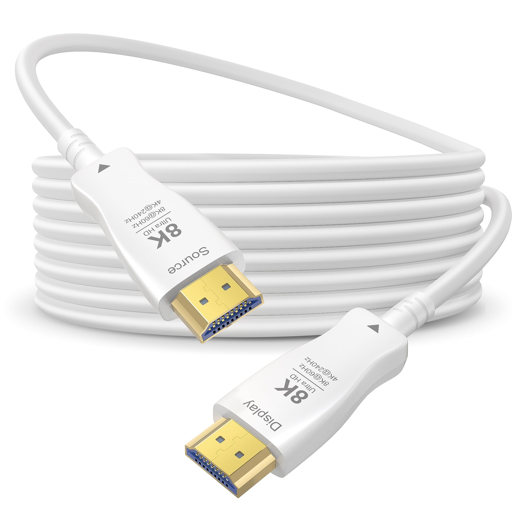 Cavo HDMI in fibra ottica 8K da 15,2 m, 48 Gbps ad altissima velocità per monitor, TV | 8K @ 60Hz 4K @ 240Hz, cavo sottile bianco HDMI 2.1, supporta eARC, HDR dinamico, HDCP 2.2/2.3, per PS5 Xbox Laptop proiettore