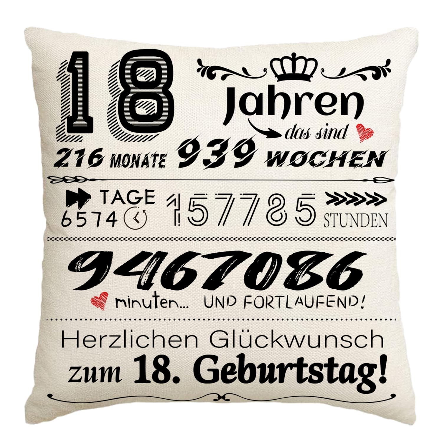 Senken 18. Geburtstag Geschenk Mädchen Junge,Zierkissenbezüge,Happy Birthday,18 Geburtstag Deko,Kissenbezug 45 x 45 cm