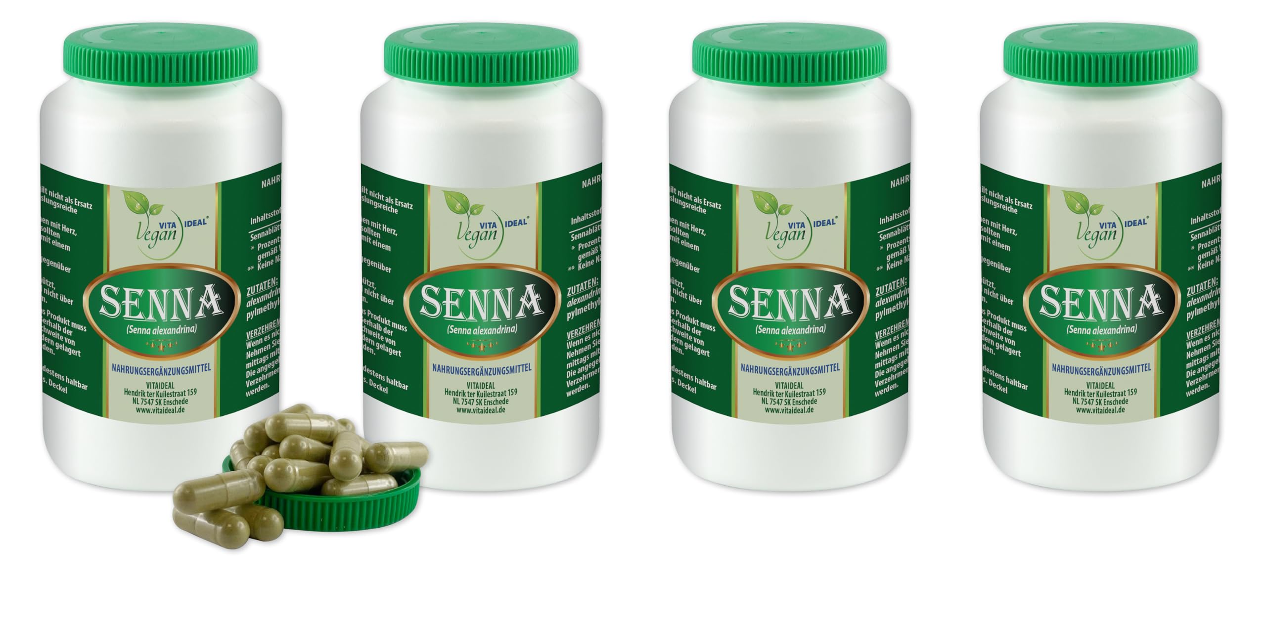 VITA IDEAL Vegan® SENNA - Blätter 4x 360 KAPSELN - Sennaes alexandrina - Sennablätter Tagesportion 600mg SENNESBLÄTTER reines Pulver. Natürlich, pflanzlich & ohne Zusatzstoffe.