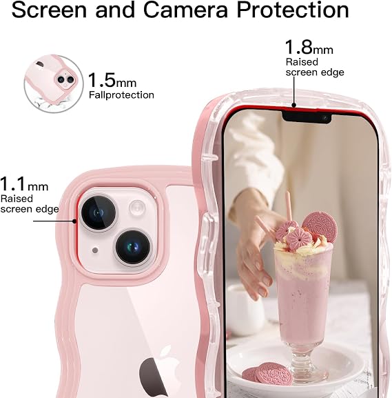 ORDA for iPhone 15 Case Cute Wave Frame Curly Shape Shockproof Hard PC Phone Cover for Women and Girls Compatible with for iPhone 15 6.1 inchs Pink