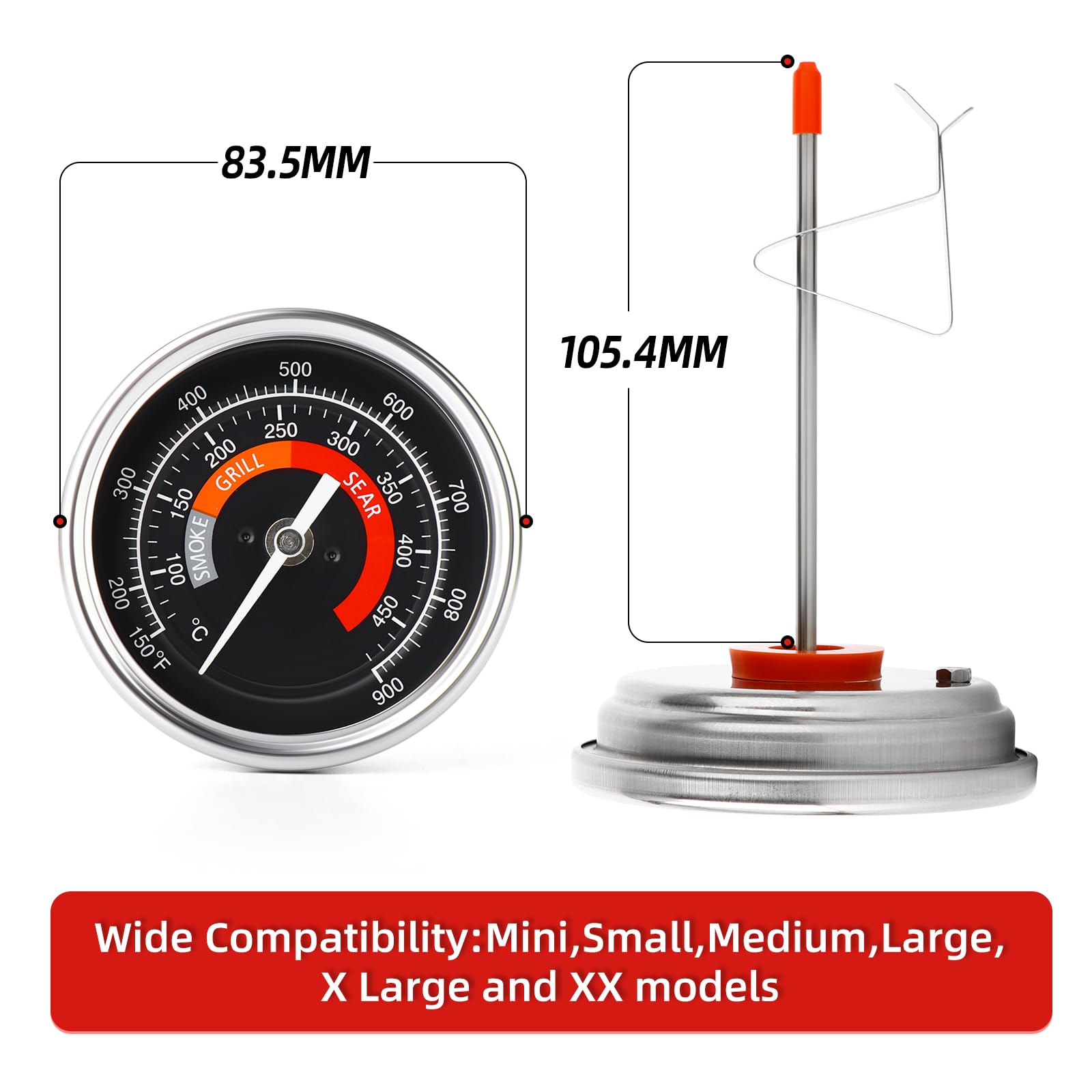 MEANLIN 2PCS Termometro preciso quadrante grande HD da 3,3" e misuratore di temperatura impermeabile per accessori BGE termostato con coperchio a cupola in acciaio inossidabile